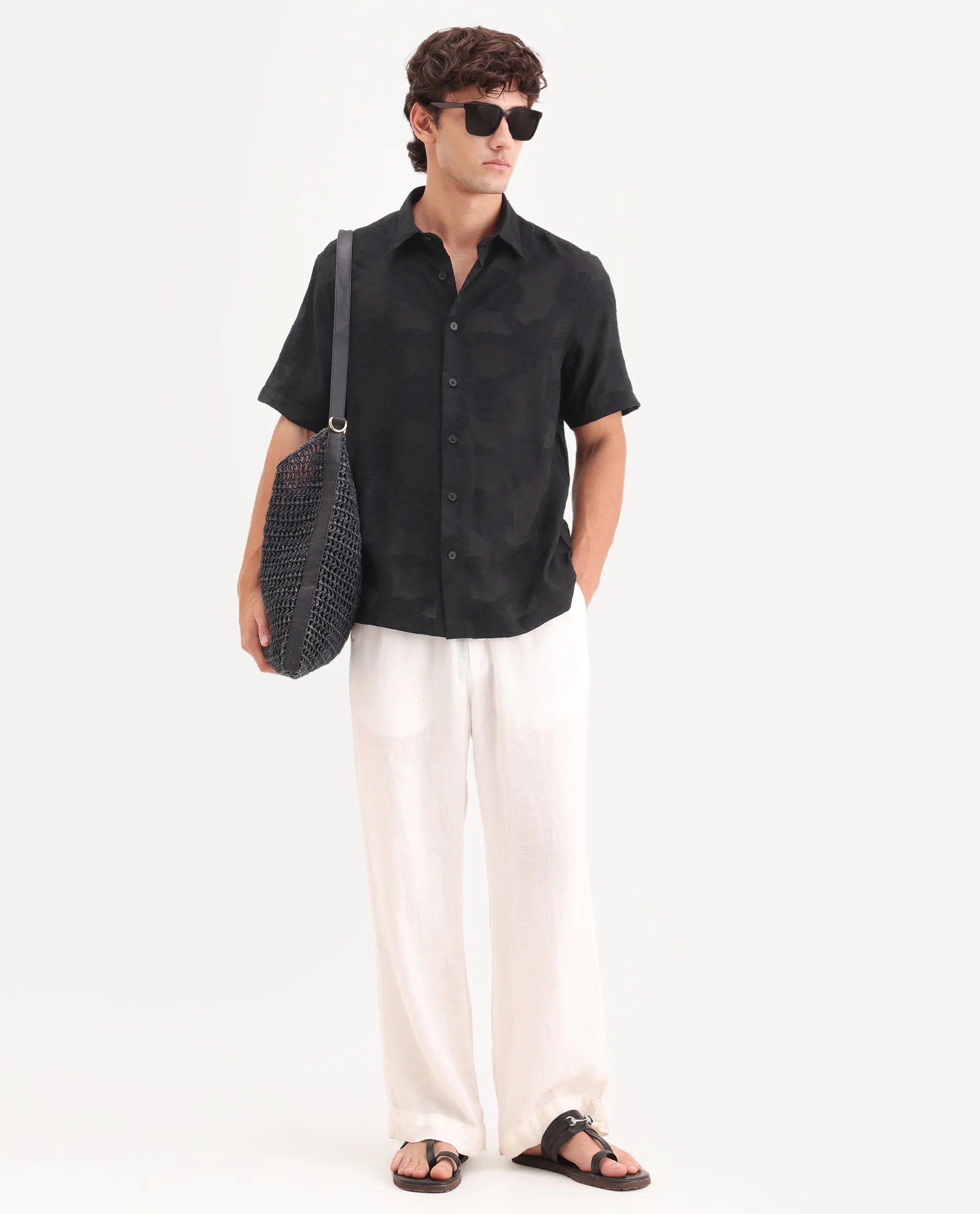 Rare Rabbit Men's Tesh Black Viscose Blend Fabric Half Sleeve Spread Collar Button Regular Jacquard Shirt