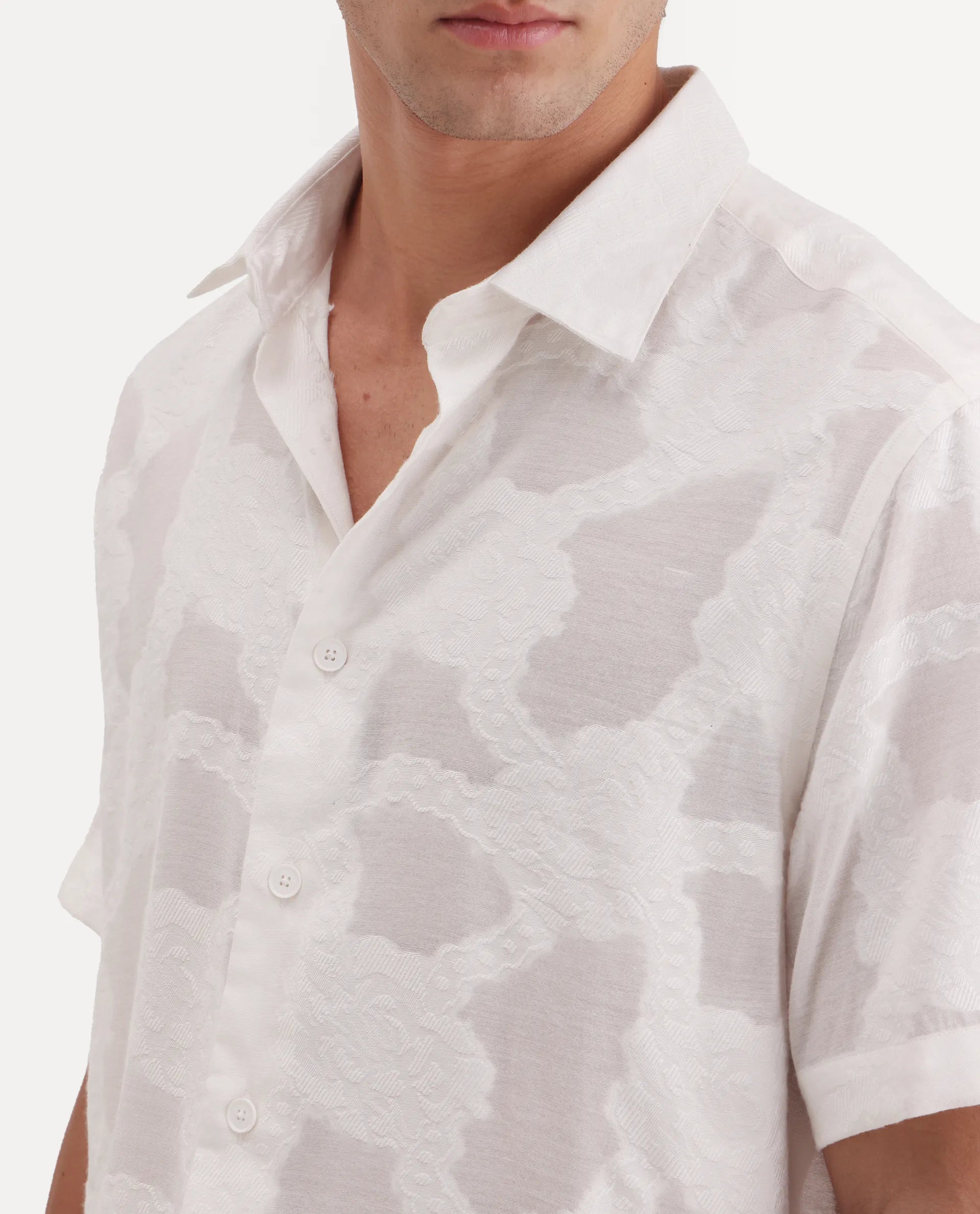 Rare Rabbit Men's Tesh Off White Viscose Blend Fabric Half Sleeve Spread Collar Button Regular Jacquard Shirt