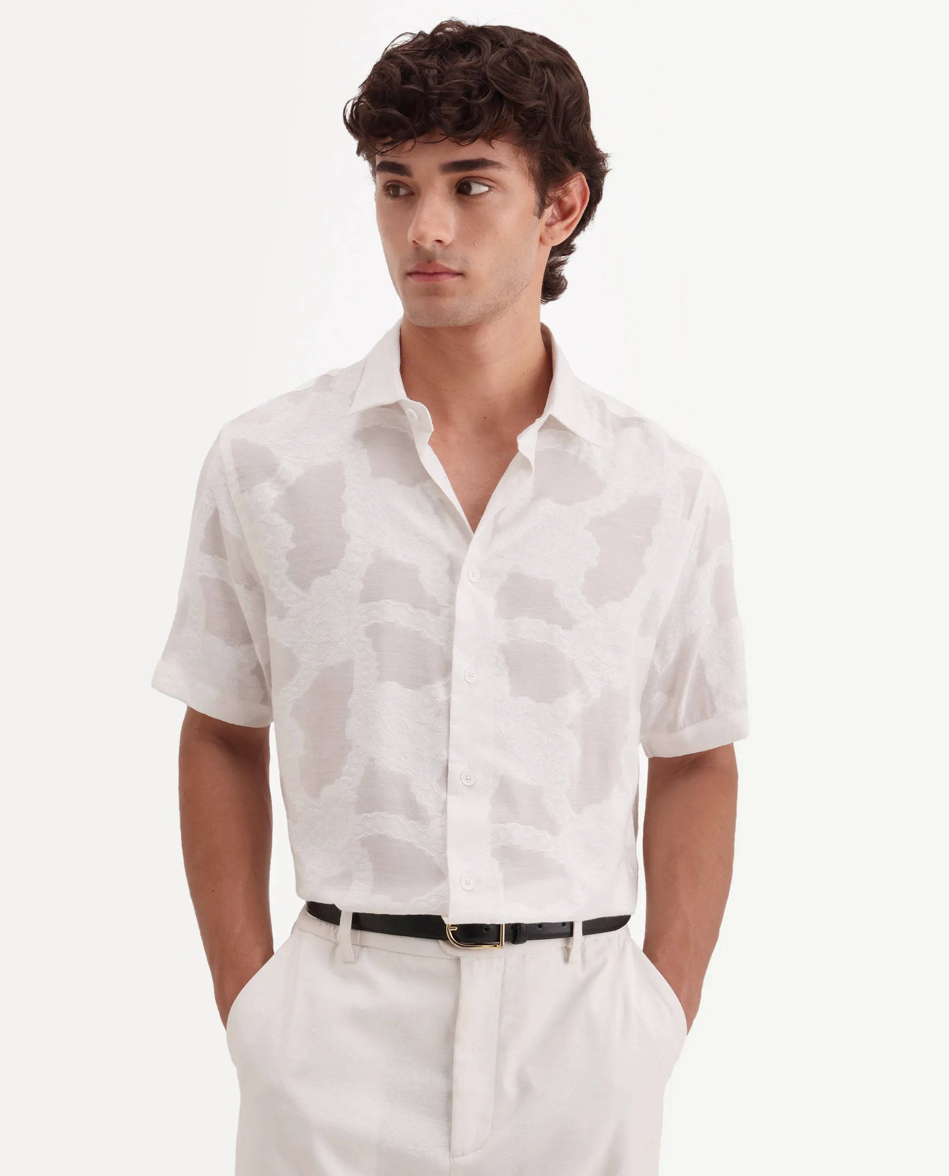 Rare Rabbit Men's Tesh Off White Viscose Blend Fabric Half Sleeve Spread Collar Button Regular Jacquard Shirt