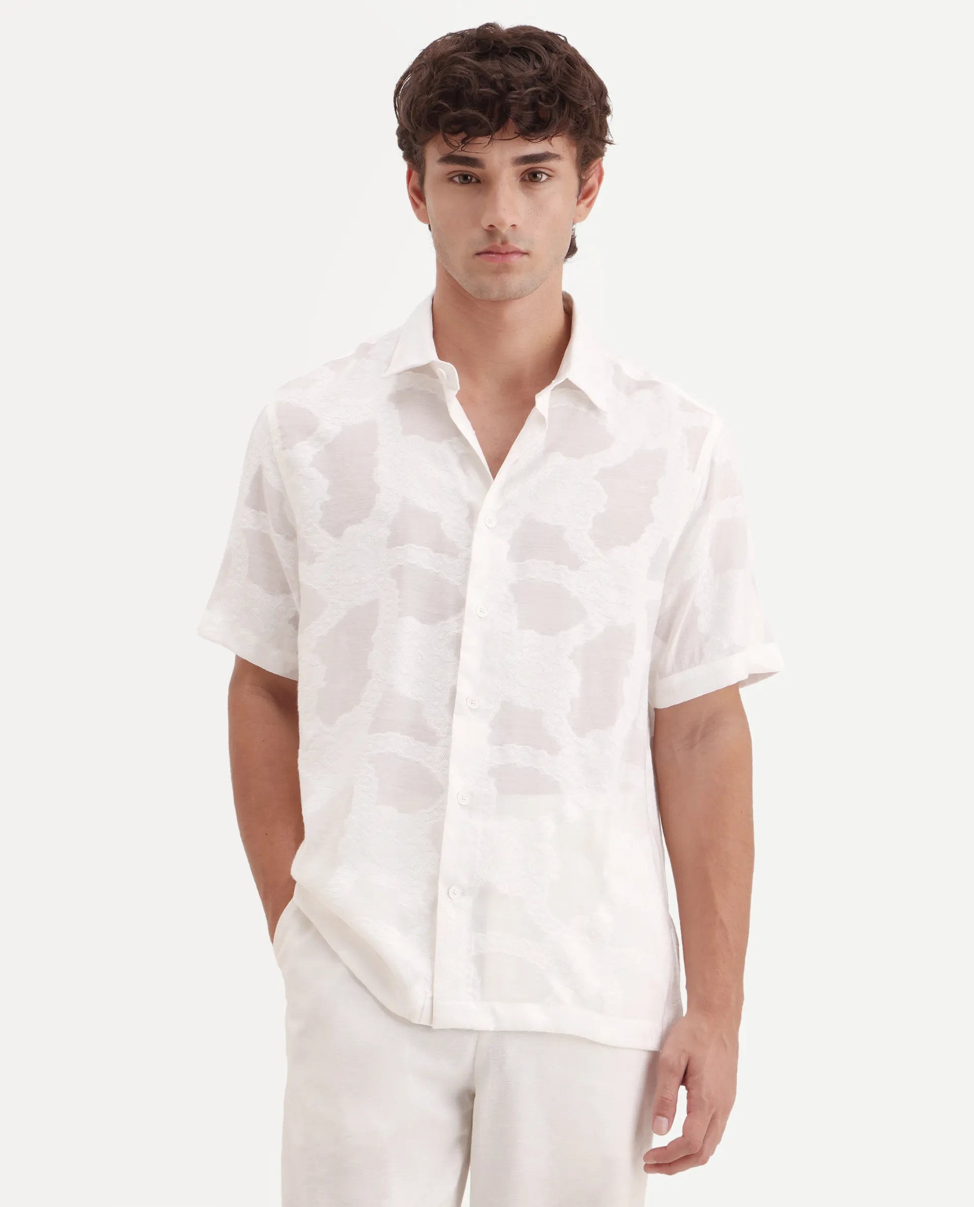 Rare Rabbit Men's Tesh Off White Viscose Blend Fabric Half Sleeve Spread Collar Button Regular Jacquard Shirt