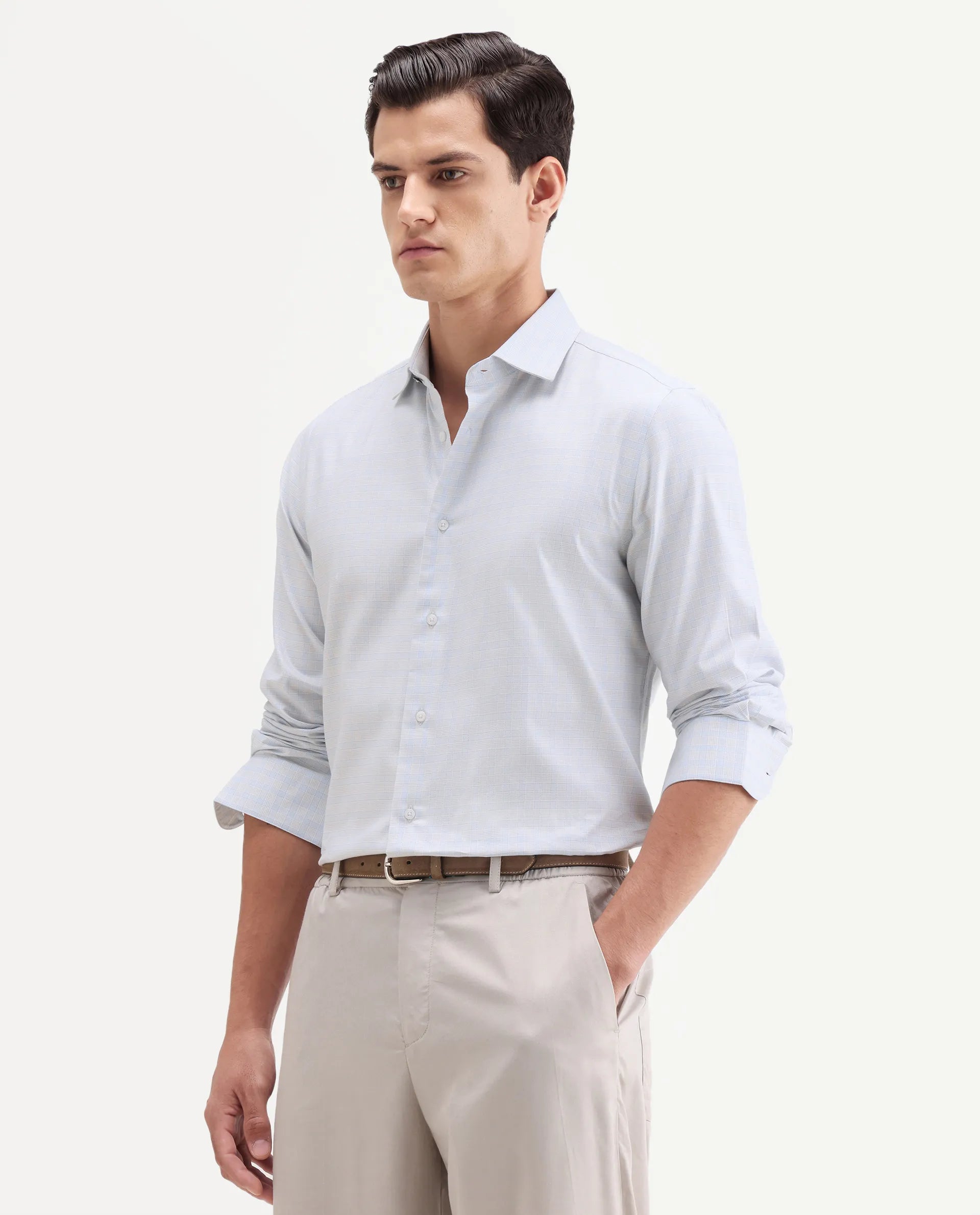 Rare Rabbit Men's Aren Light Blue Cotton Fabric Full Sleeve Spread Collar Button Regular Checked Shirt