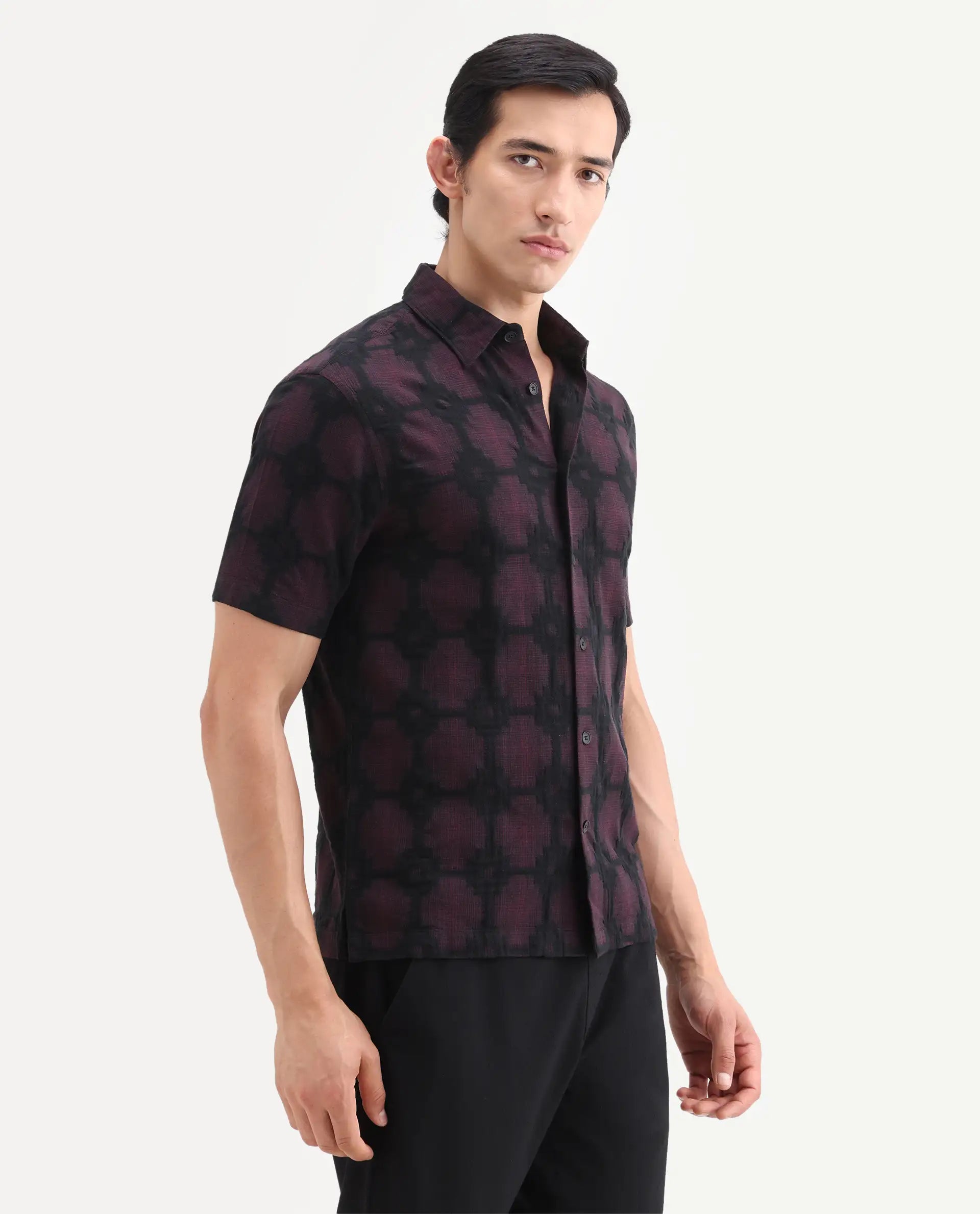 Rare Rabbit Men's Rato Dark Red Cotton Fabric Half Sleeve Spread Collar Button Regular Jacquard Shirt