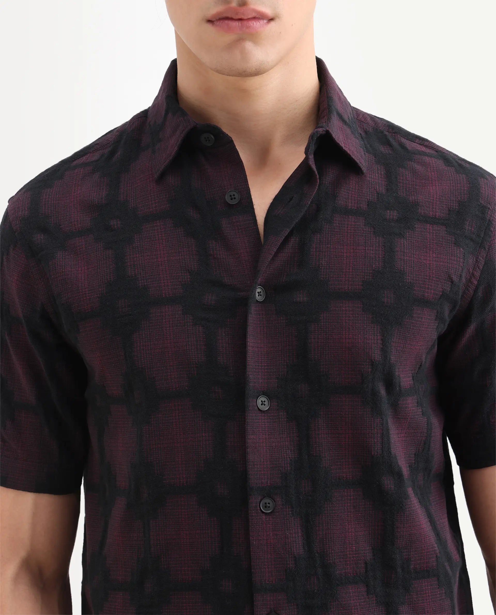 Rare Rabbit Men's Rato Dark Red Cotton Fabric Half Sleeve Spread Collar Button Regular Jacquard Shirt
