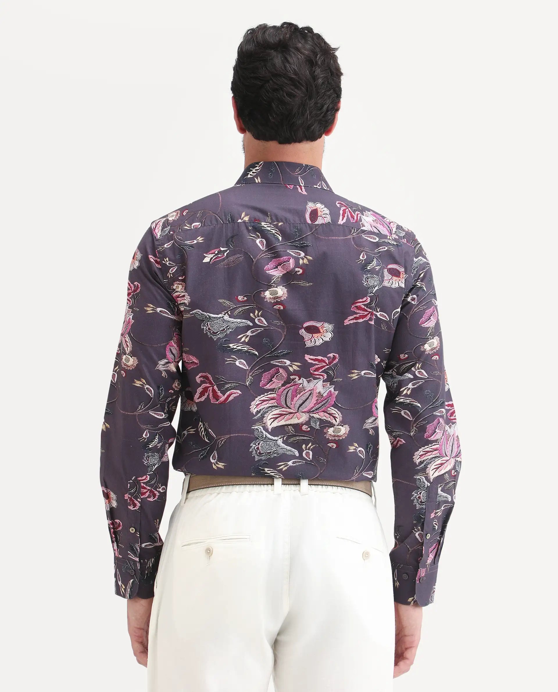 Rare Rabbit Men's Wade Dusky Purple Cotton Fabric Full Sleeve Spread Collar Button Regular Fit Floral Print Shirt