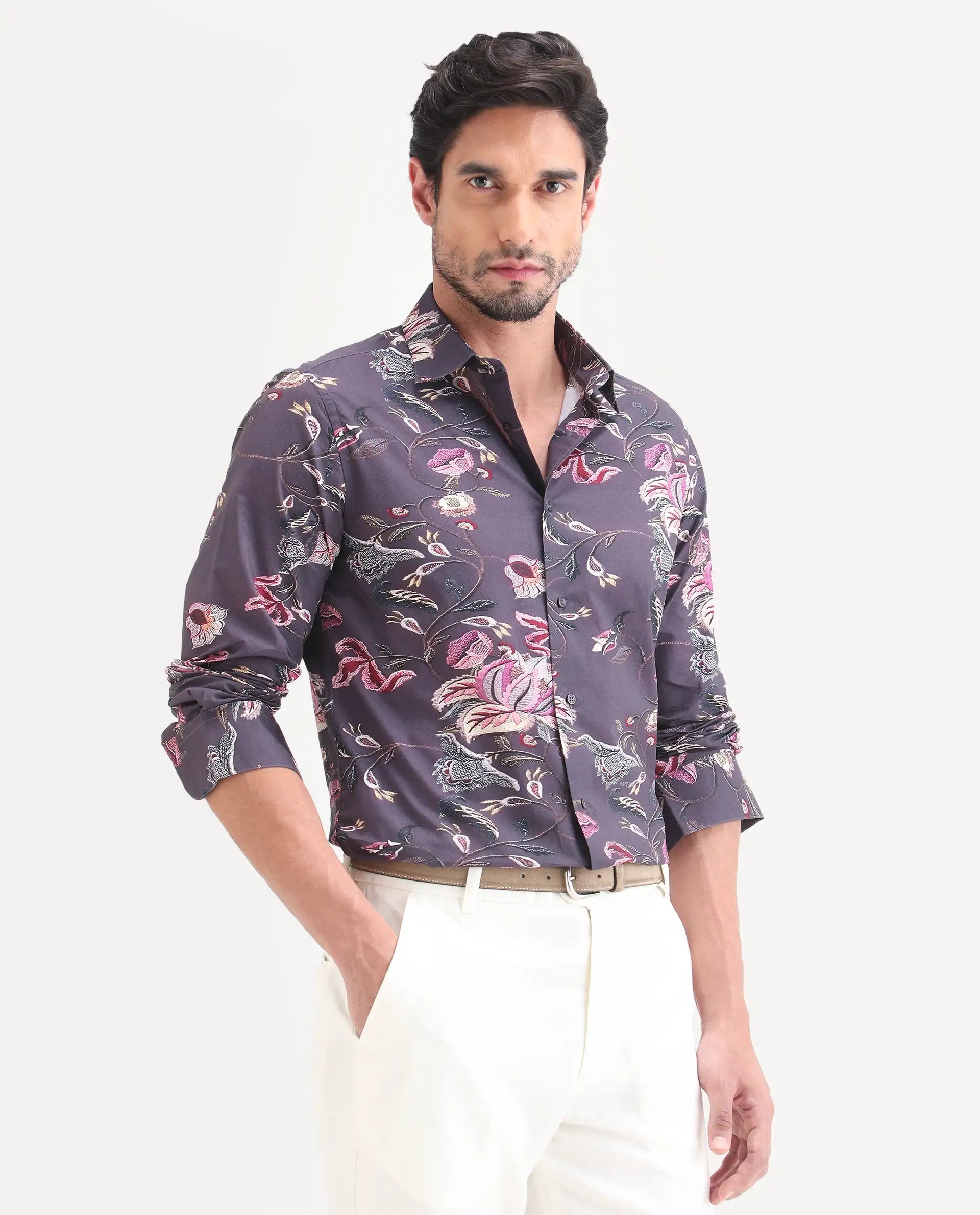 Rare Rabbit Men's Wade Dusky Purple Cotton Fabric Full Sleeve Spread Collar Button Regular Fit Floral Print Shirt