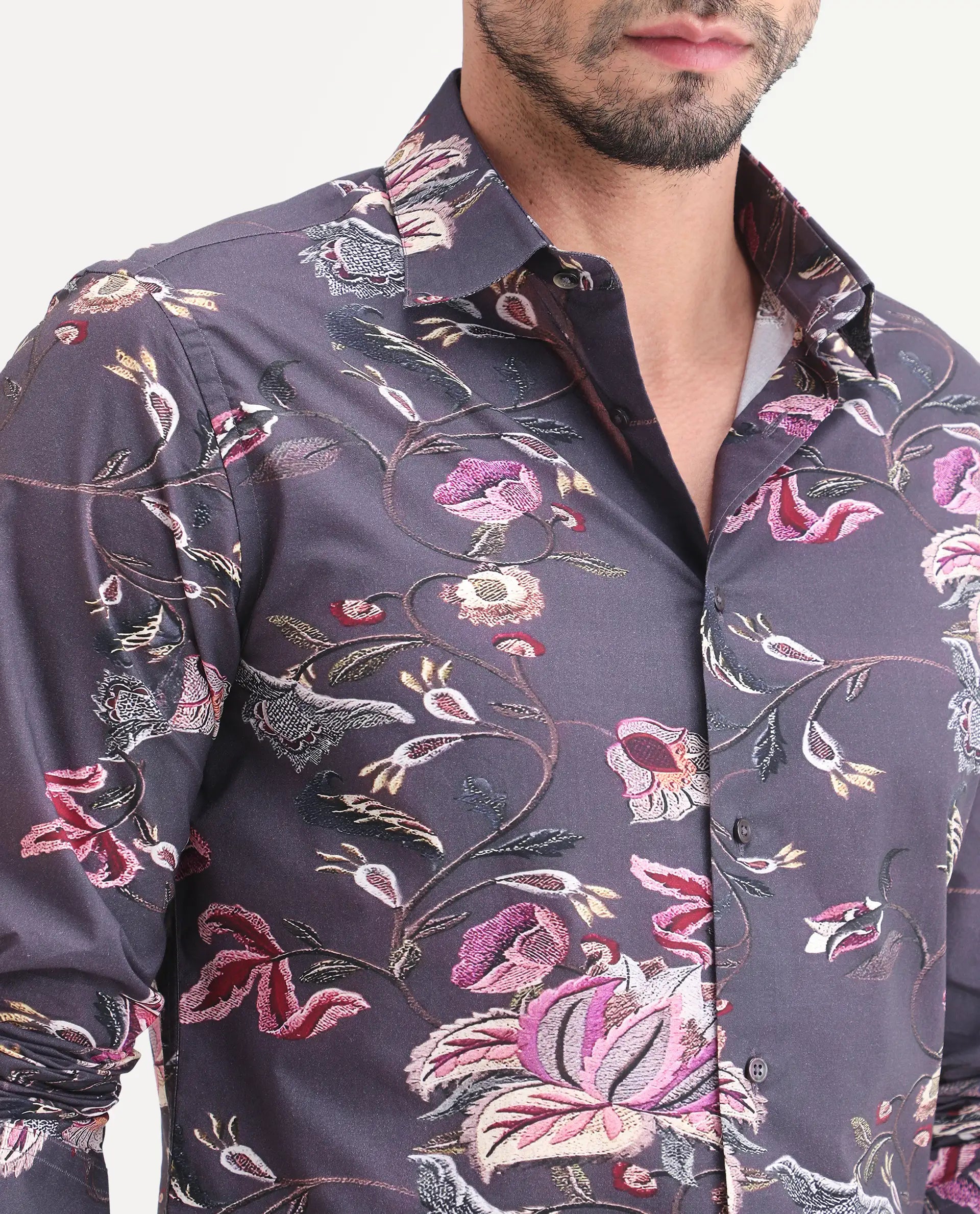 Rare Rabbit Men's Wade Dusky Purple Cotton Fabric Full Sleeve Spread Collar Button Regular Fit Floral Print Shirt