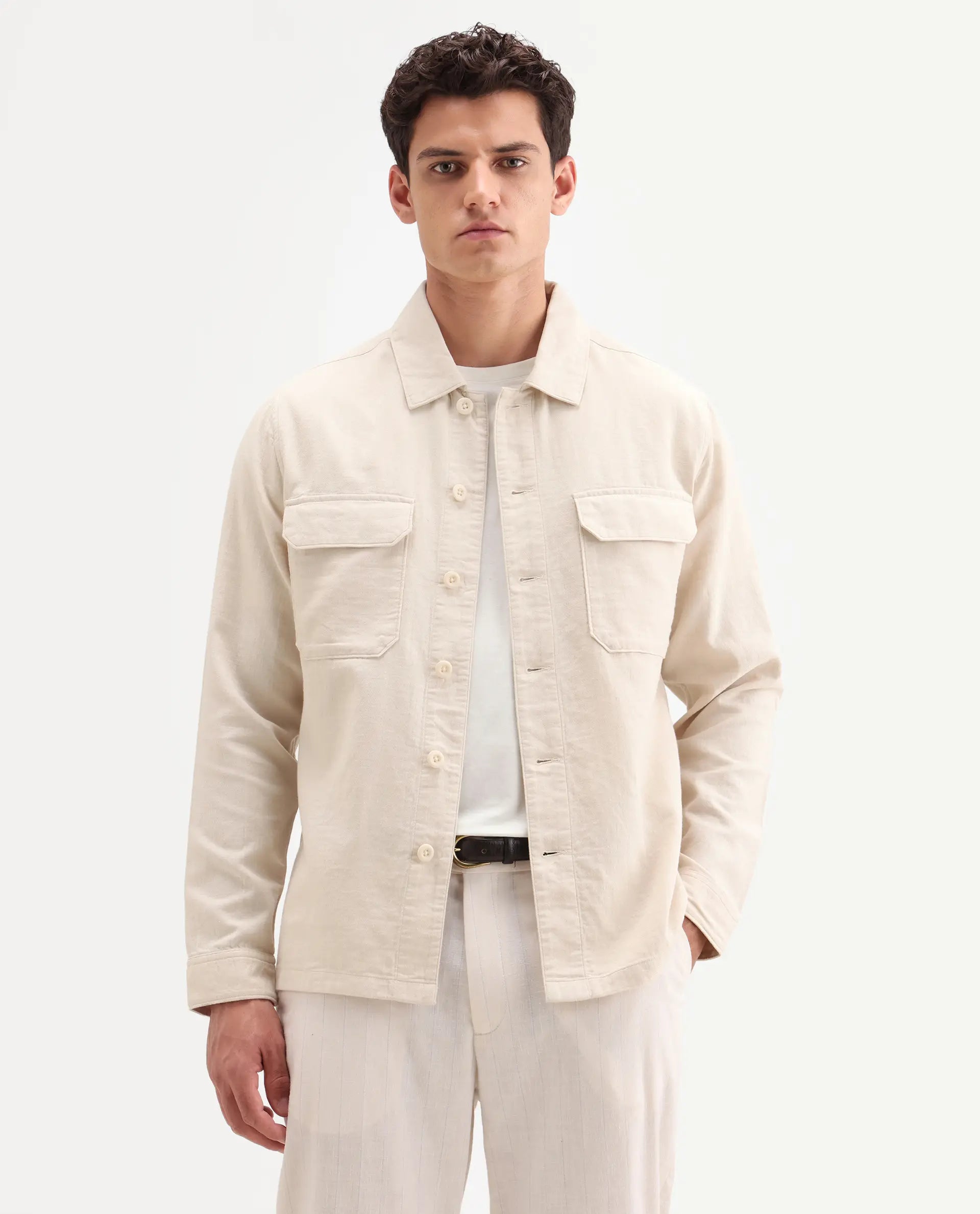 Rare Rabbit Men's Prest-Ss26 Light Beige Cotton Fabric Full Sleeve Spread Collar Button Regular Plain Shacket