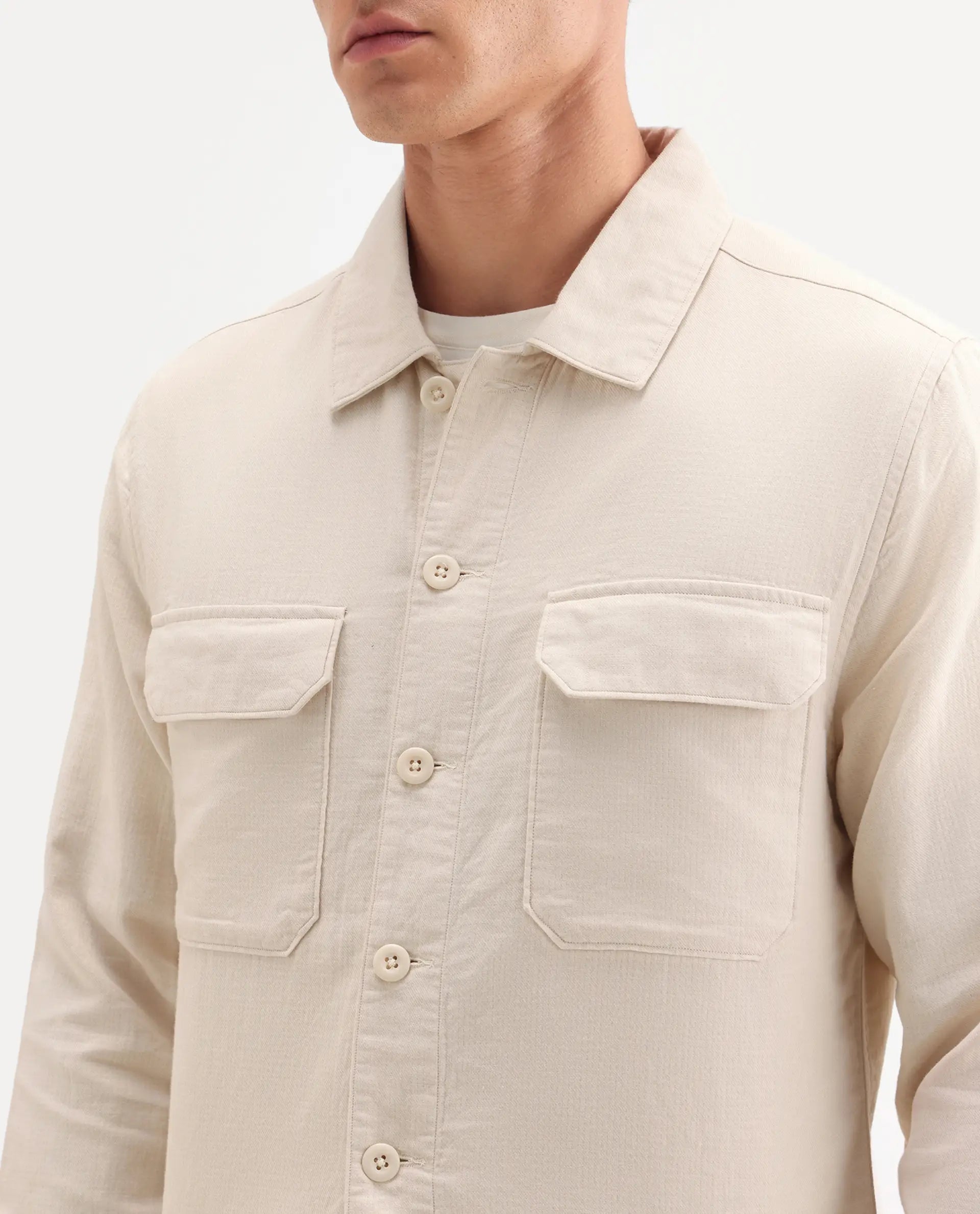 Rare Rabbit Men's Prest-Ss26 Light Beige Cotton Fabric Full Sleeve Spread Collar Button Regular Plain Shacket