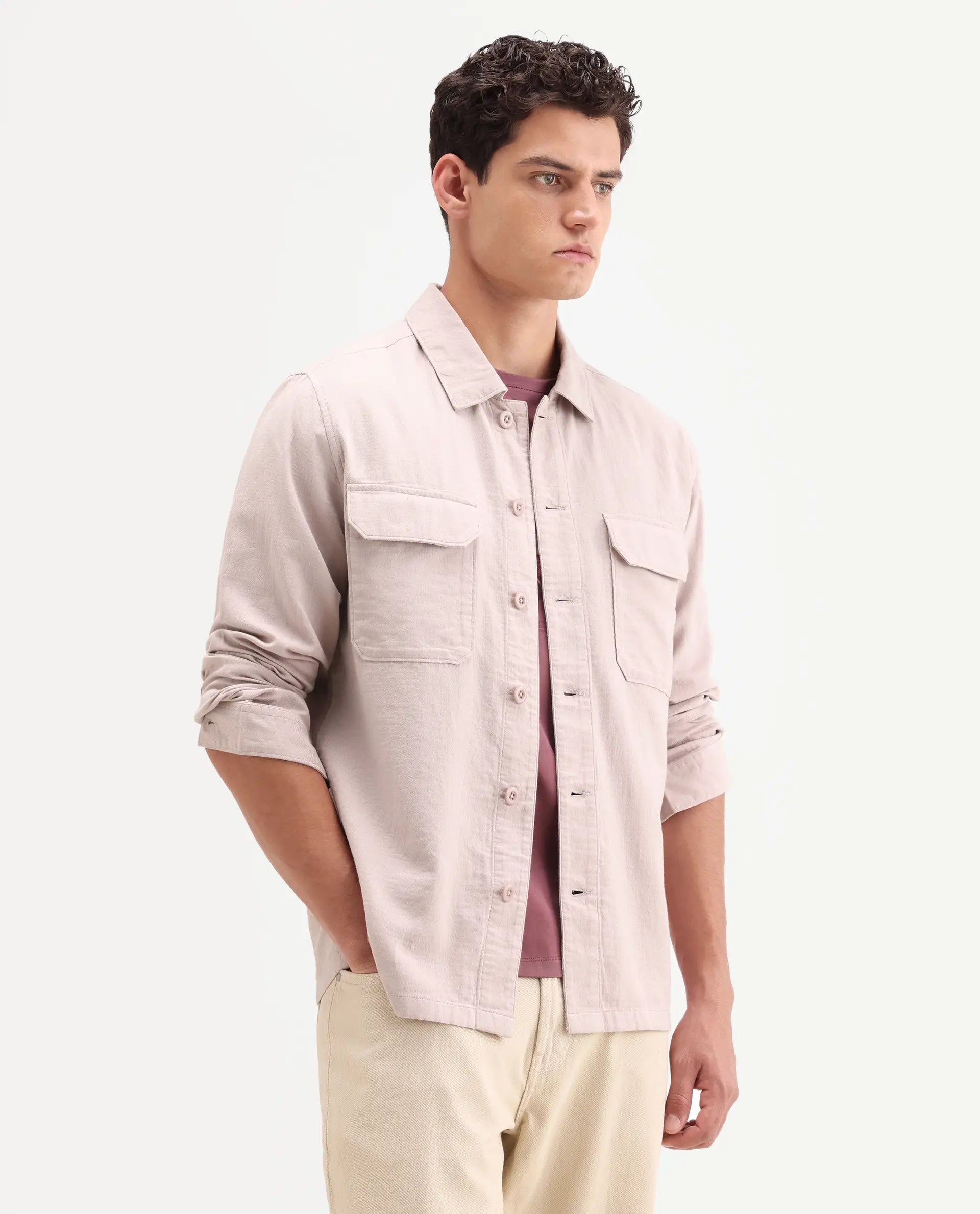 Rare Rabbit Men's Prest-Ss26 Pastel Pink Cotton Fabric Full Sleeve Spread Collar Button Regular Plain Shacket