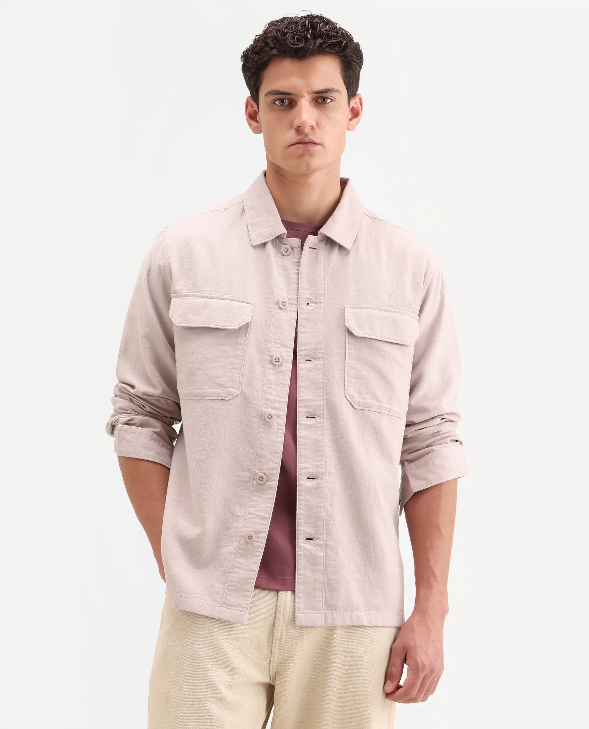 Rare Rabbit Men's Prest-Ss26 Pastel Pink Cotton Fabric Full Sleeve Spread Collar Button Regular Plain Shacket