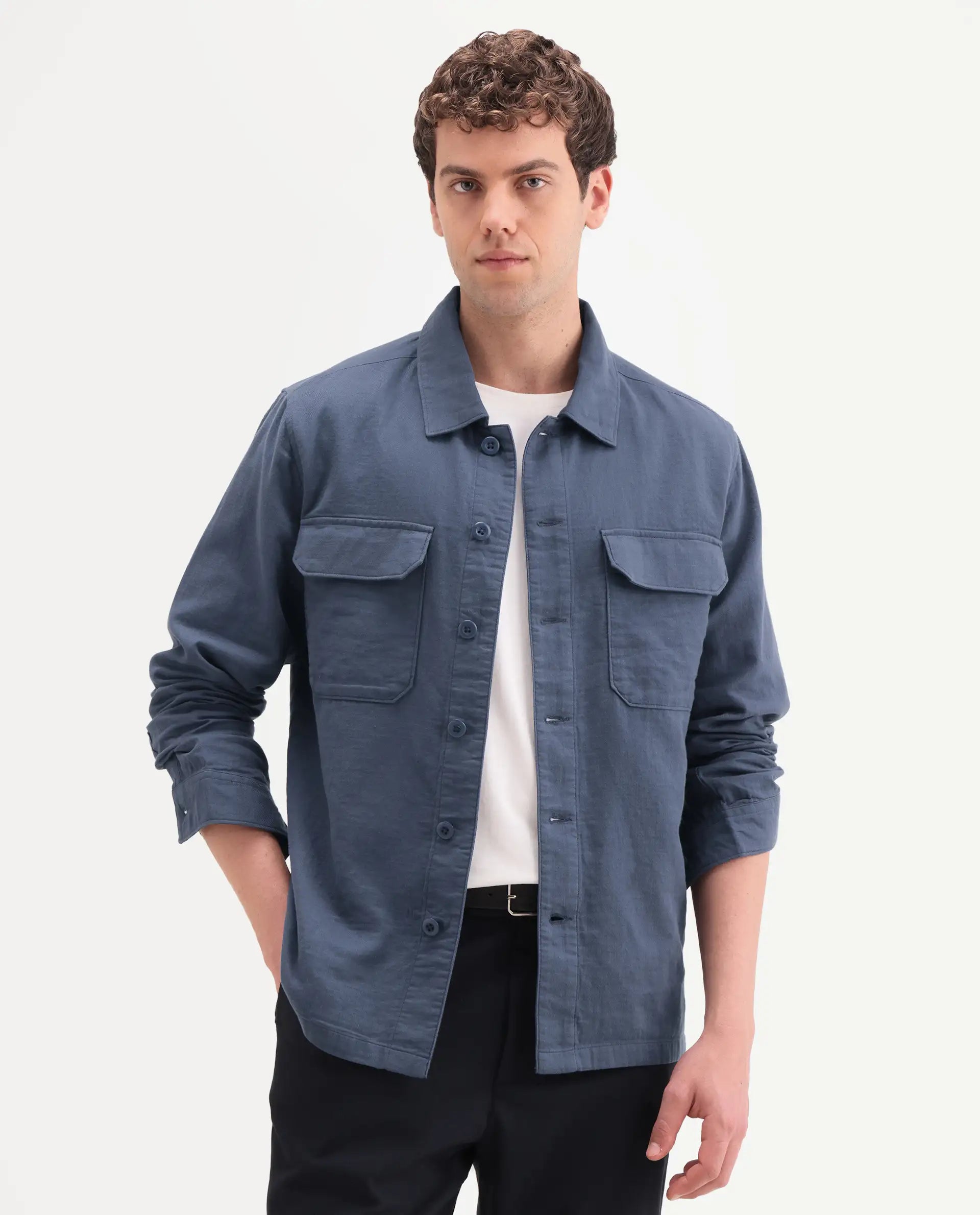 Rare Rabbit Men's Prest-Ss26 Blue Cotton Fabric Full Sleeve Spread Collar Button Regular Plain Shacket