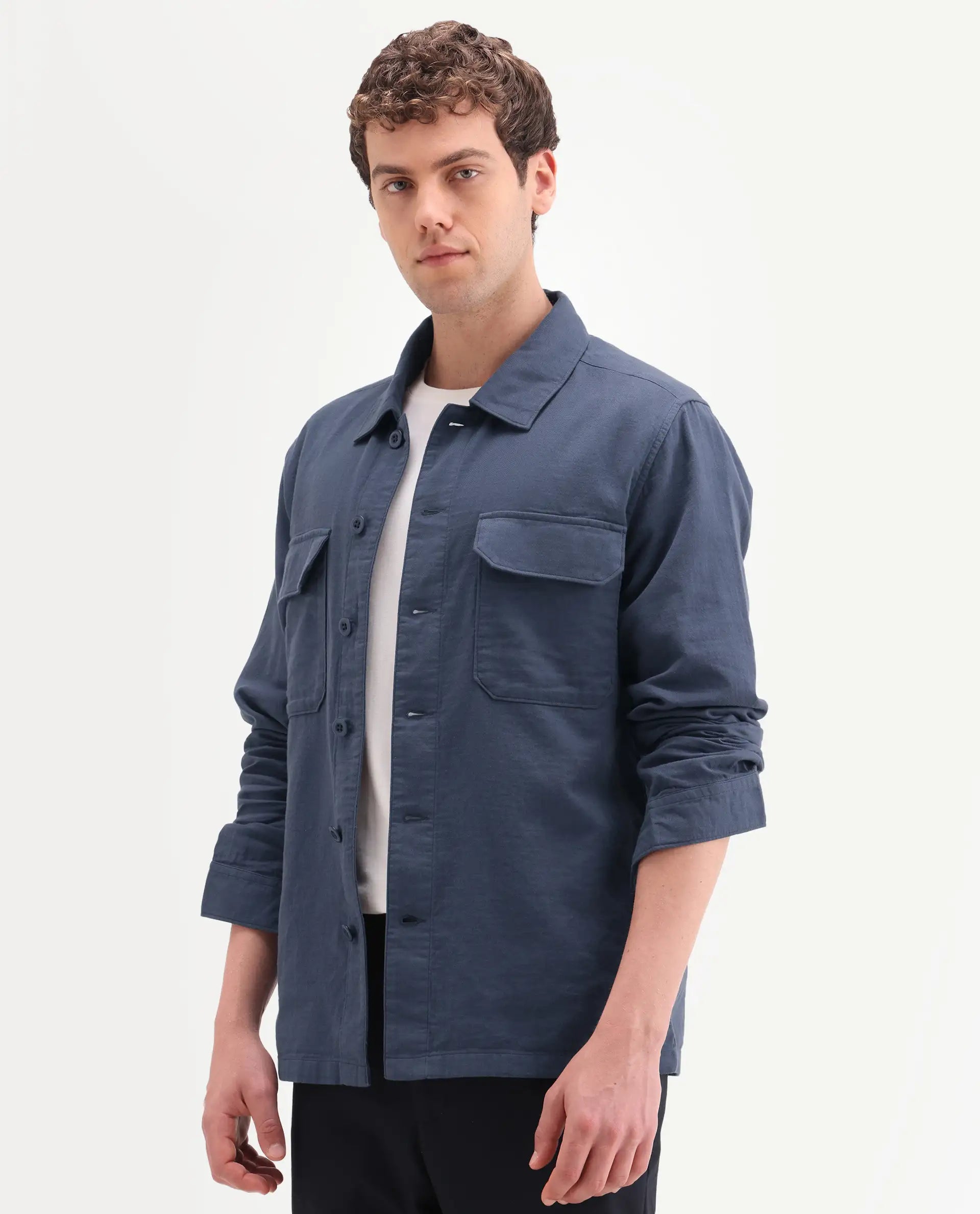 Rare Rabbit Men's Prest-Ss26 Blue Cotton Fabric Full Sleeve Spread Collar Button Regular Plain Shacket