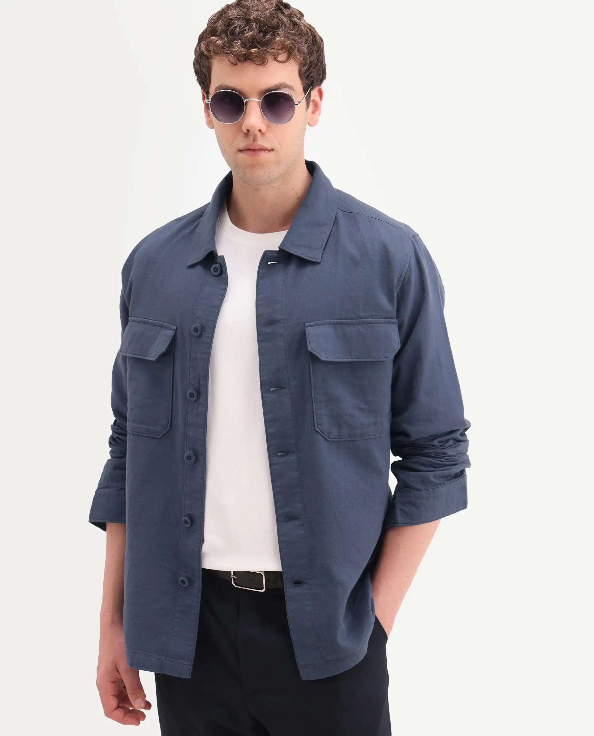 Rare Rabbit Men's Prest-Ss26 Blue Cotton Fabric Full Sleeve Spread Collar Button Regular Plain Shacket