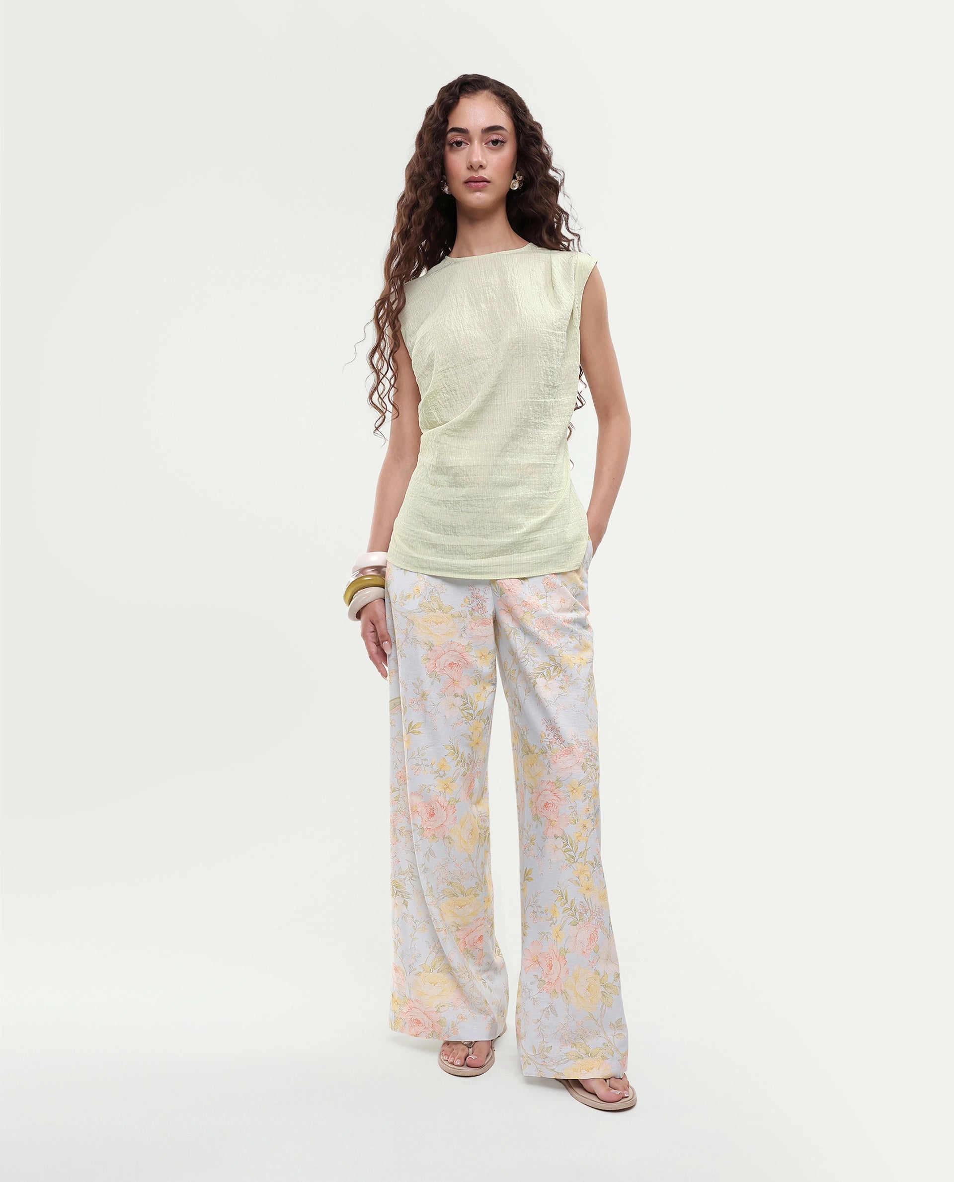 Rareism Women's Daca Light Green Viscose Blend Crew Neck Button Regular Plain Top