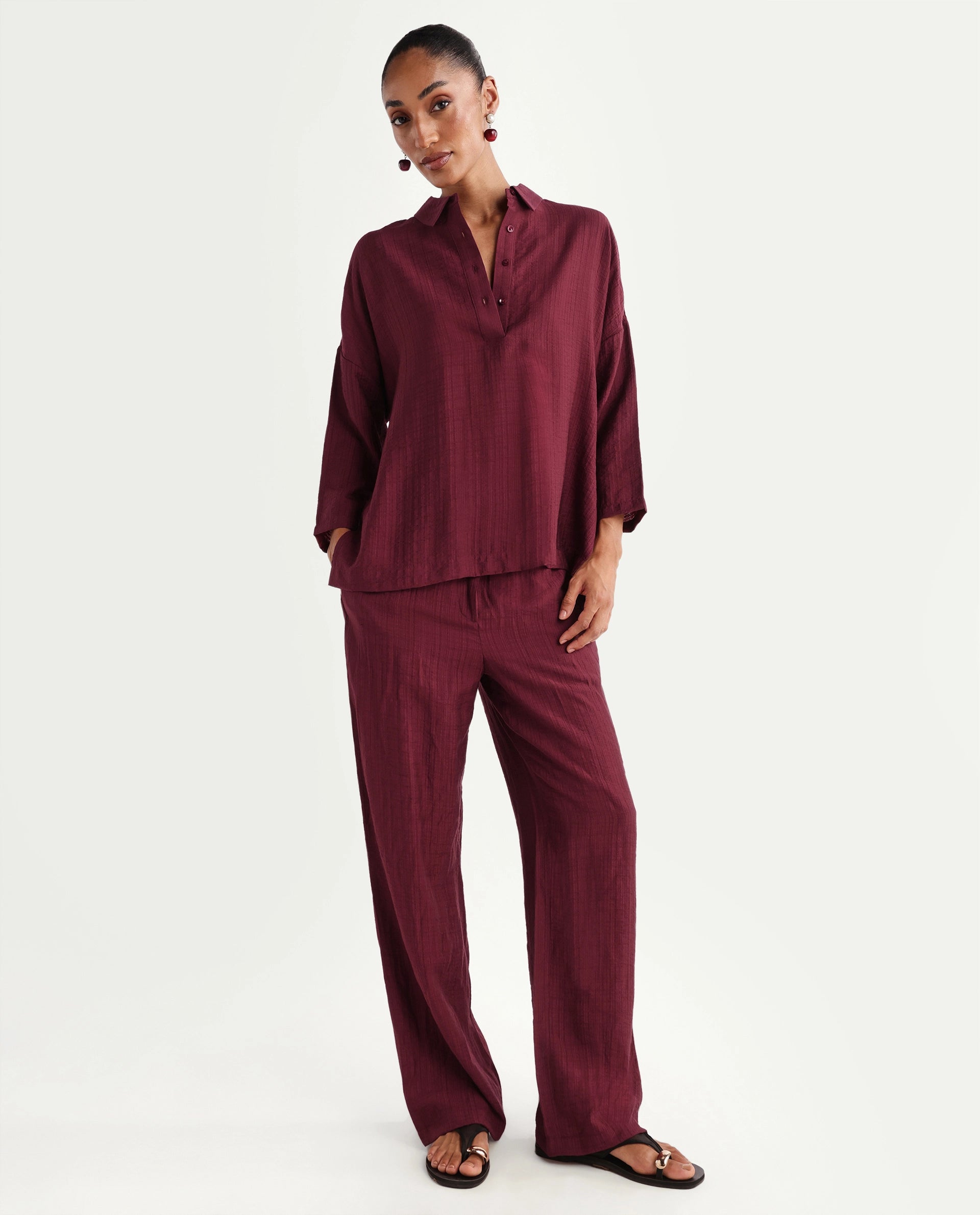 Rareism Women's Dano-B Maroon Viscose Blend Drawstring Wide Plain Trouser