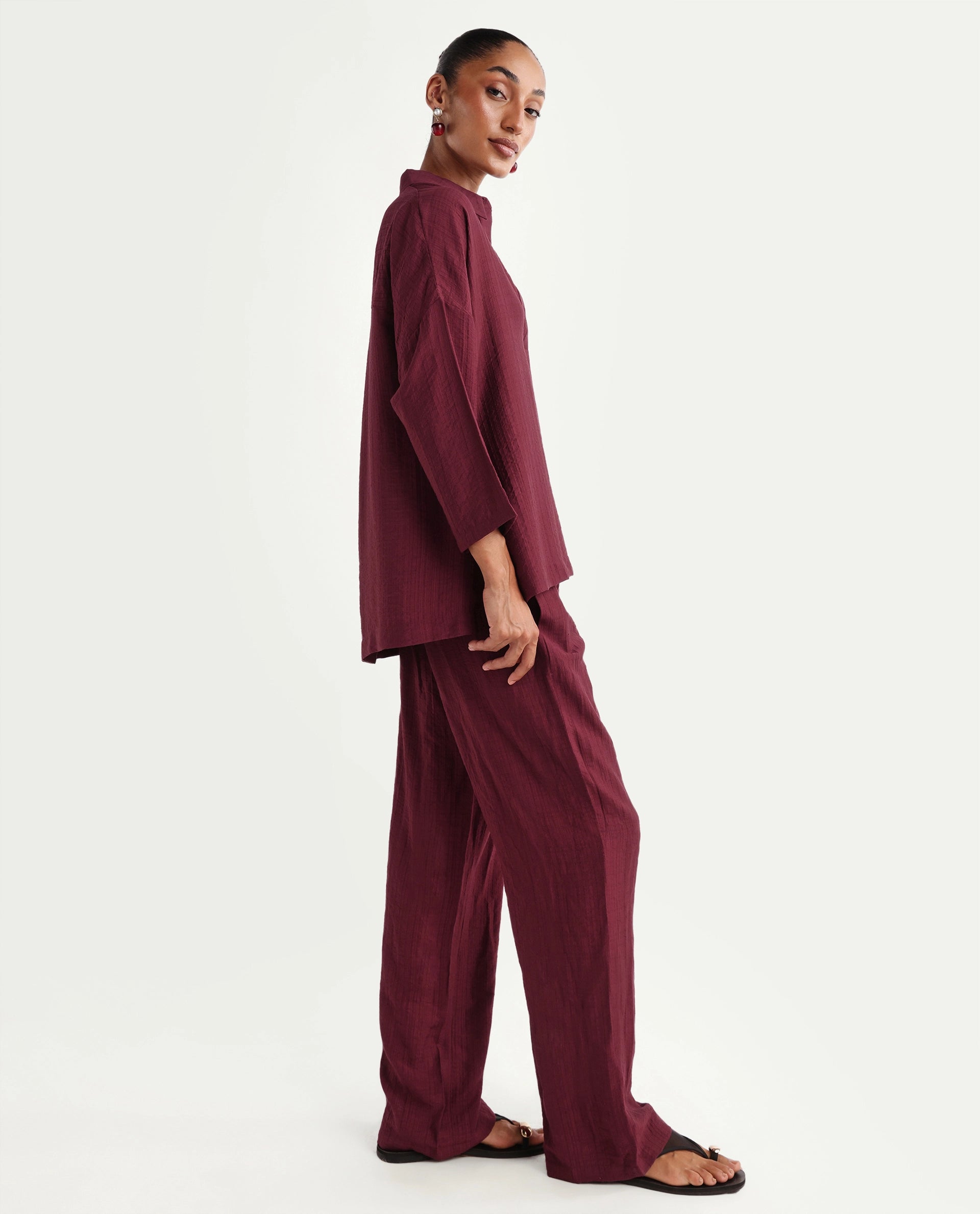 Rareism Women's Dano-B Maroon Viscose Blend Drawstring Wide Plain Trouser