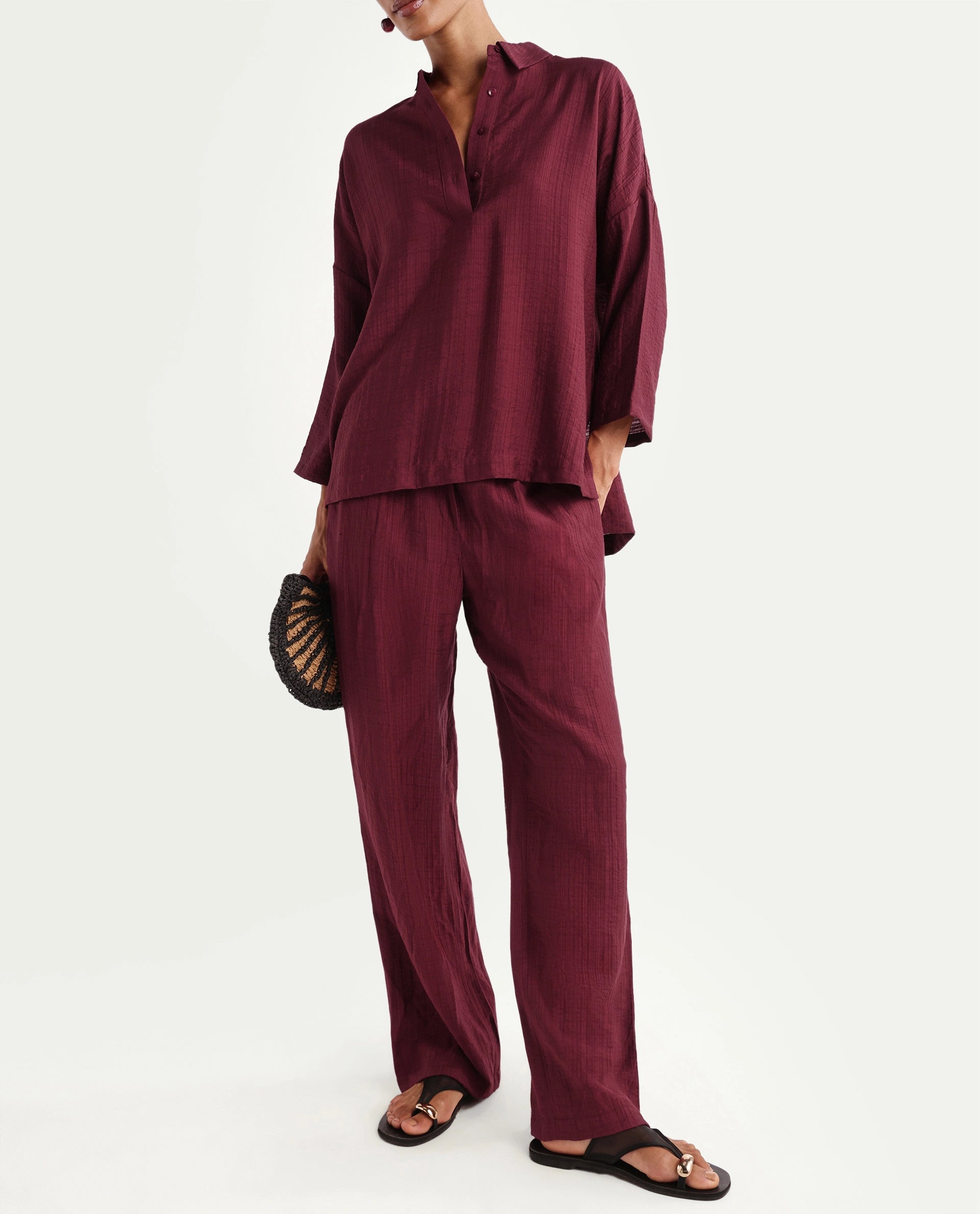 Rareism Women's Dano-B Maroon Viscose Blend Drawstring Wide Plain Trouser