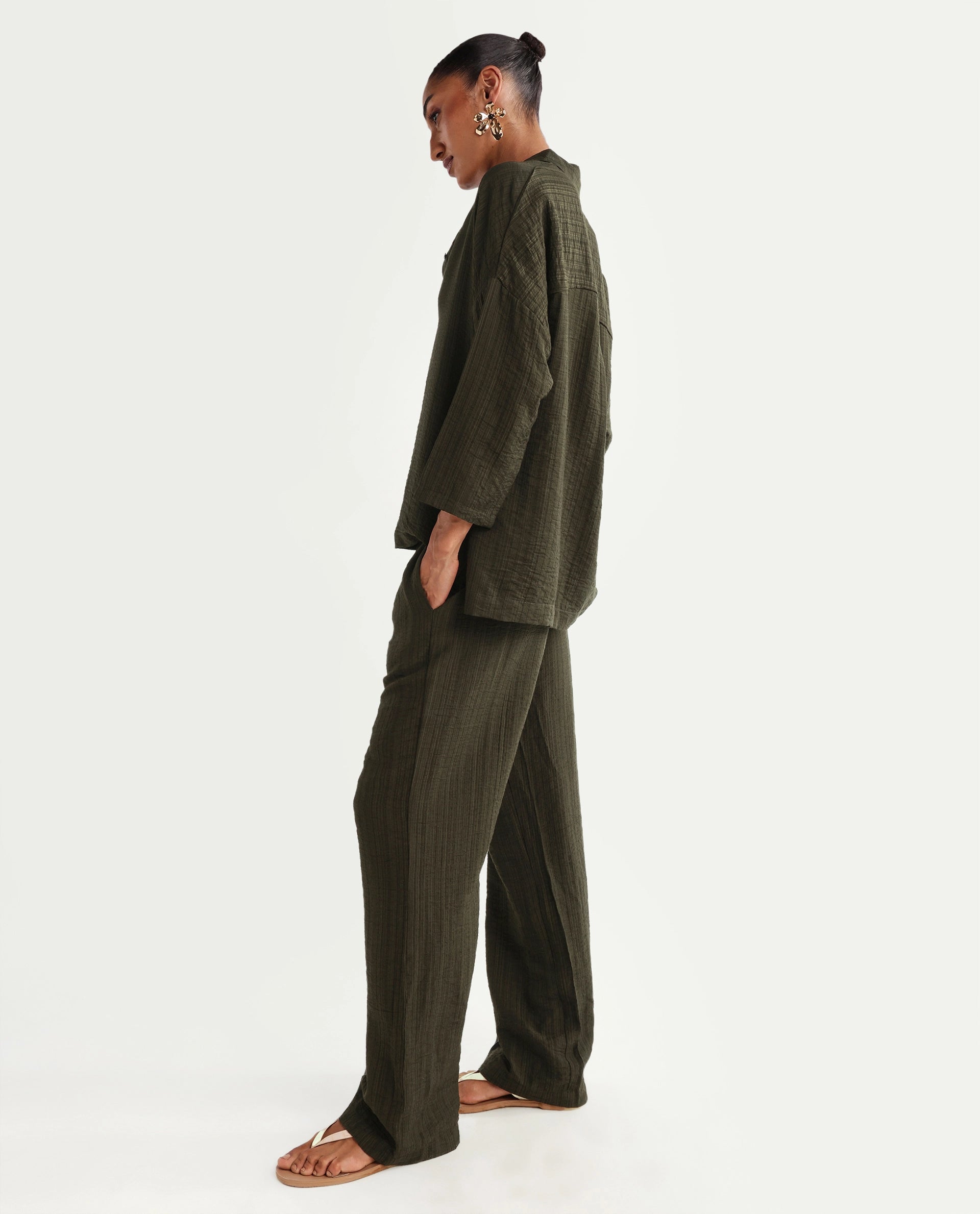 Rareism Women's Dano-B Olive Viscose Blend Drawstring Wide Plain Trouser