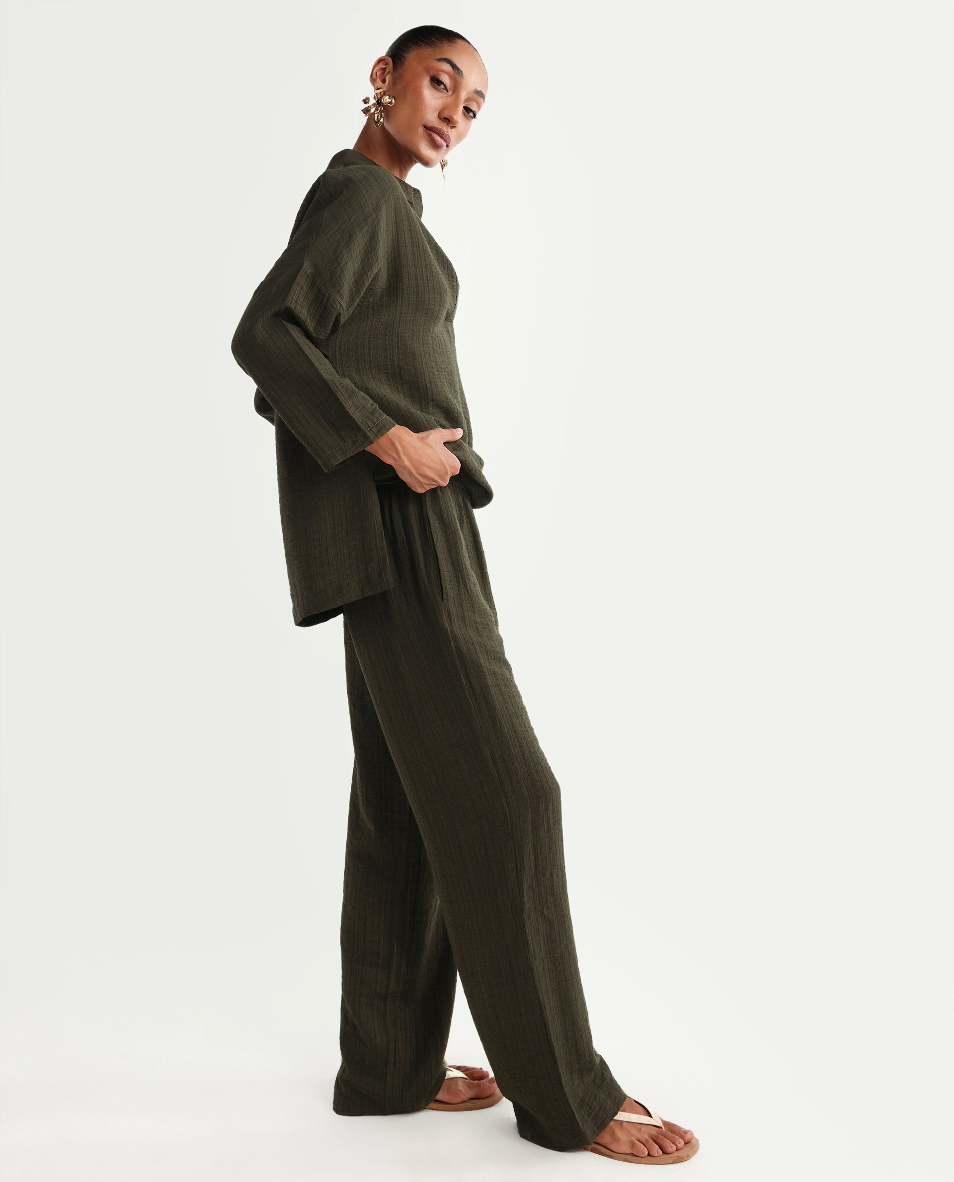 Rareism Women's Dano-B Olive Viscose Blend Drawstring Wide Plain Trouser