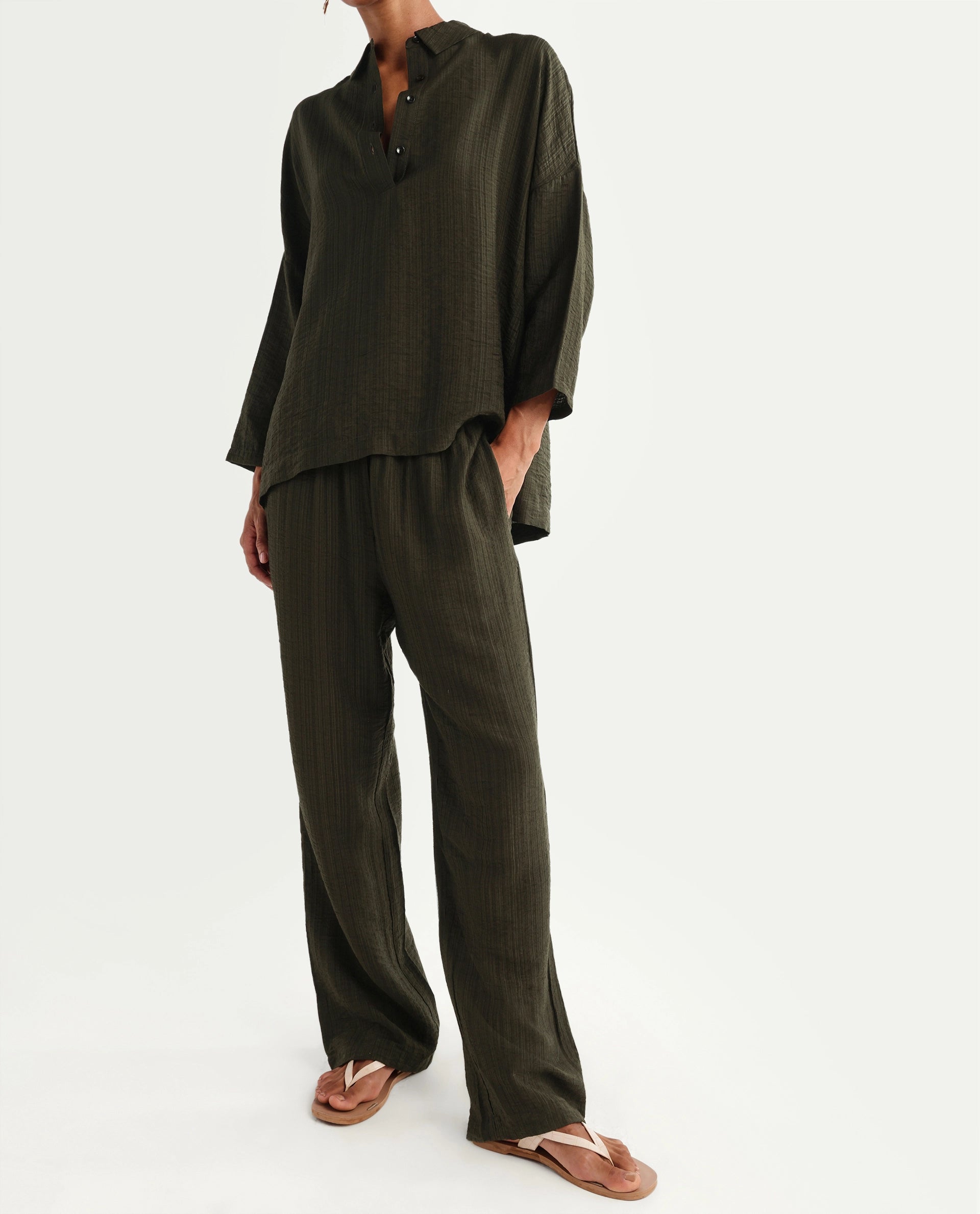 Rareism Women's Dano-B Olive Viscose Blend Drawstring Wide Plain Trouser