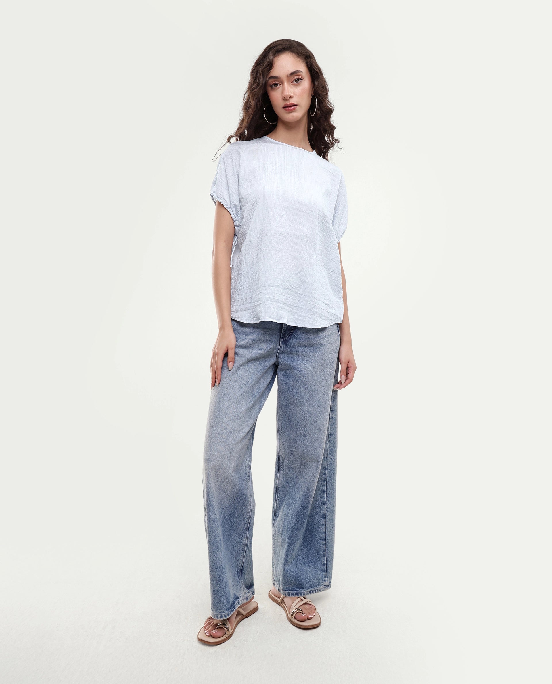 Rareism Women's Deno Light Blue Viscose Blend Crew Neck Button Regular Plain Top
