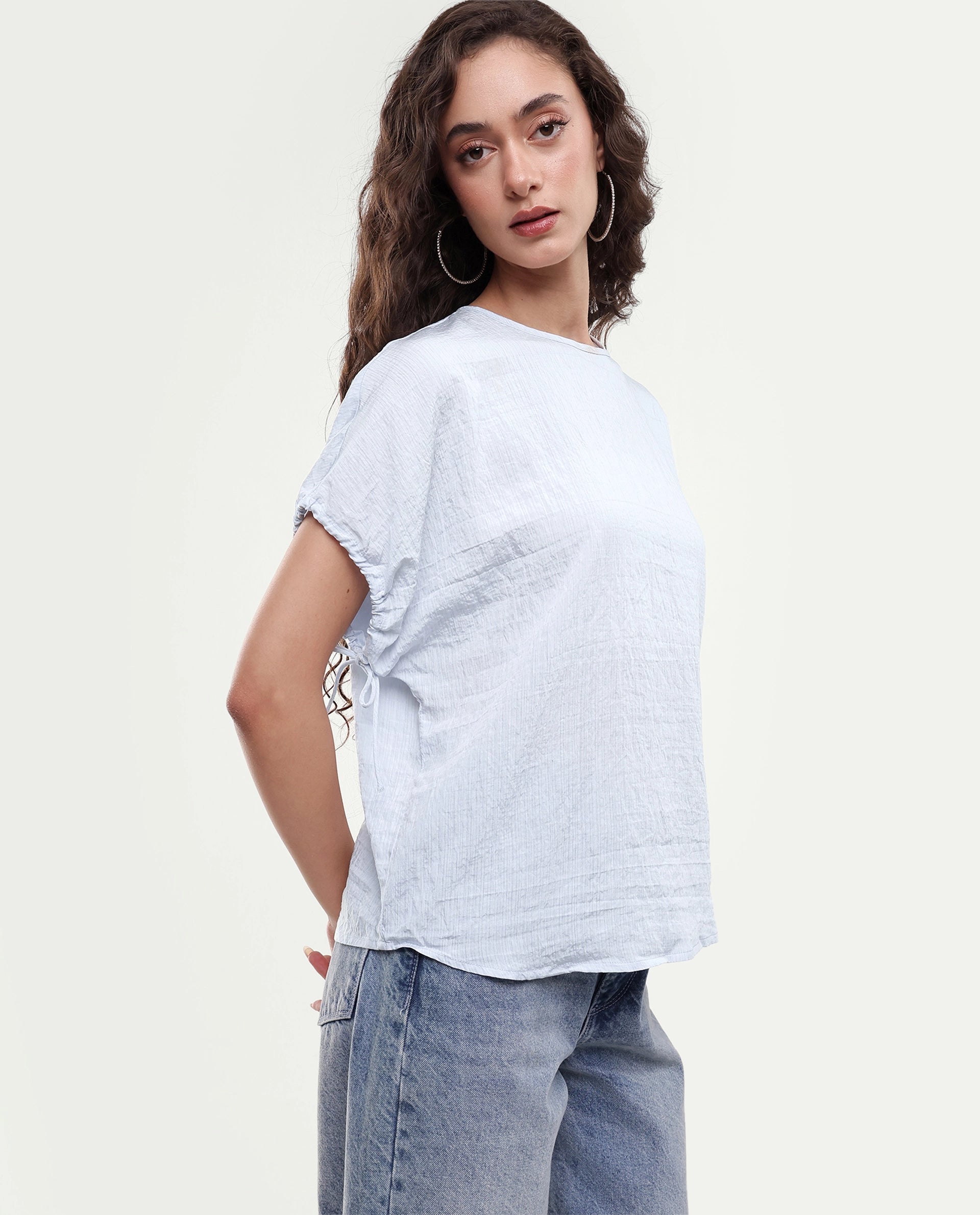 Rareism Women's Deno Light Blue Viscose Blend Crew Neck Button Regular Plain Top