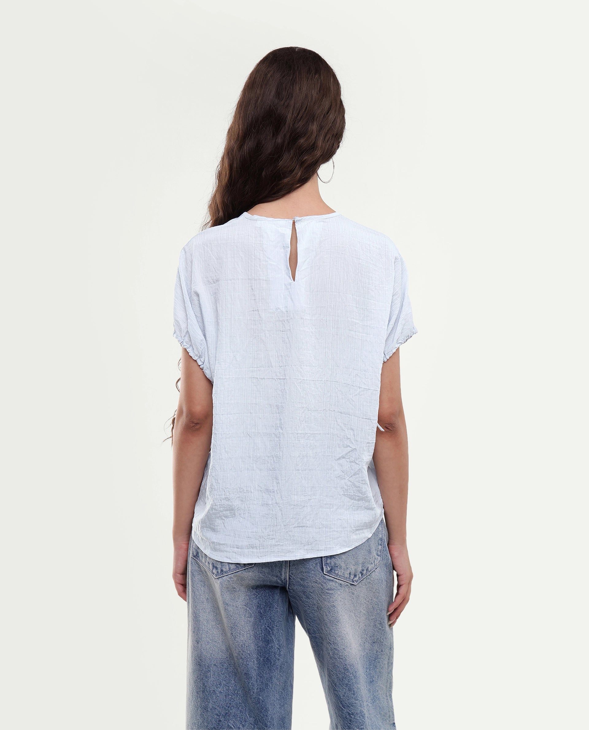 Rareism Women's Deno Light Blue Viscose Blend Crew Neck Button Regular Plain Top