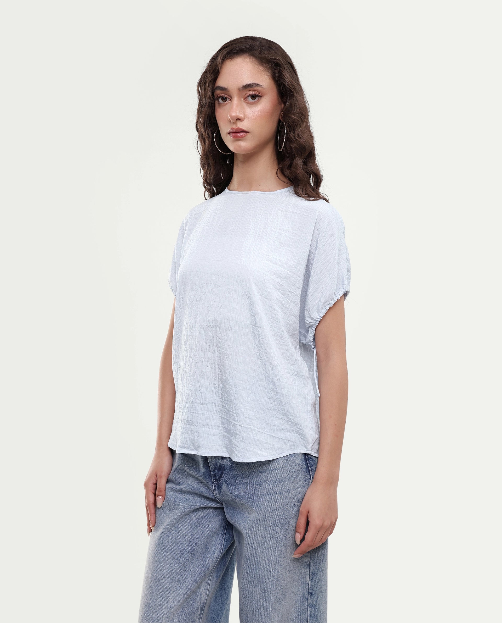Rareism Women's Deno Light Blue Viscose Blend Crew Neck Button Regular Plain Top