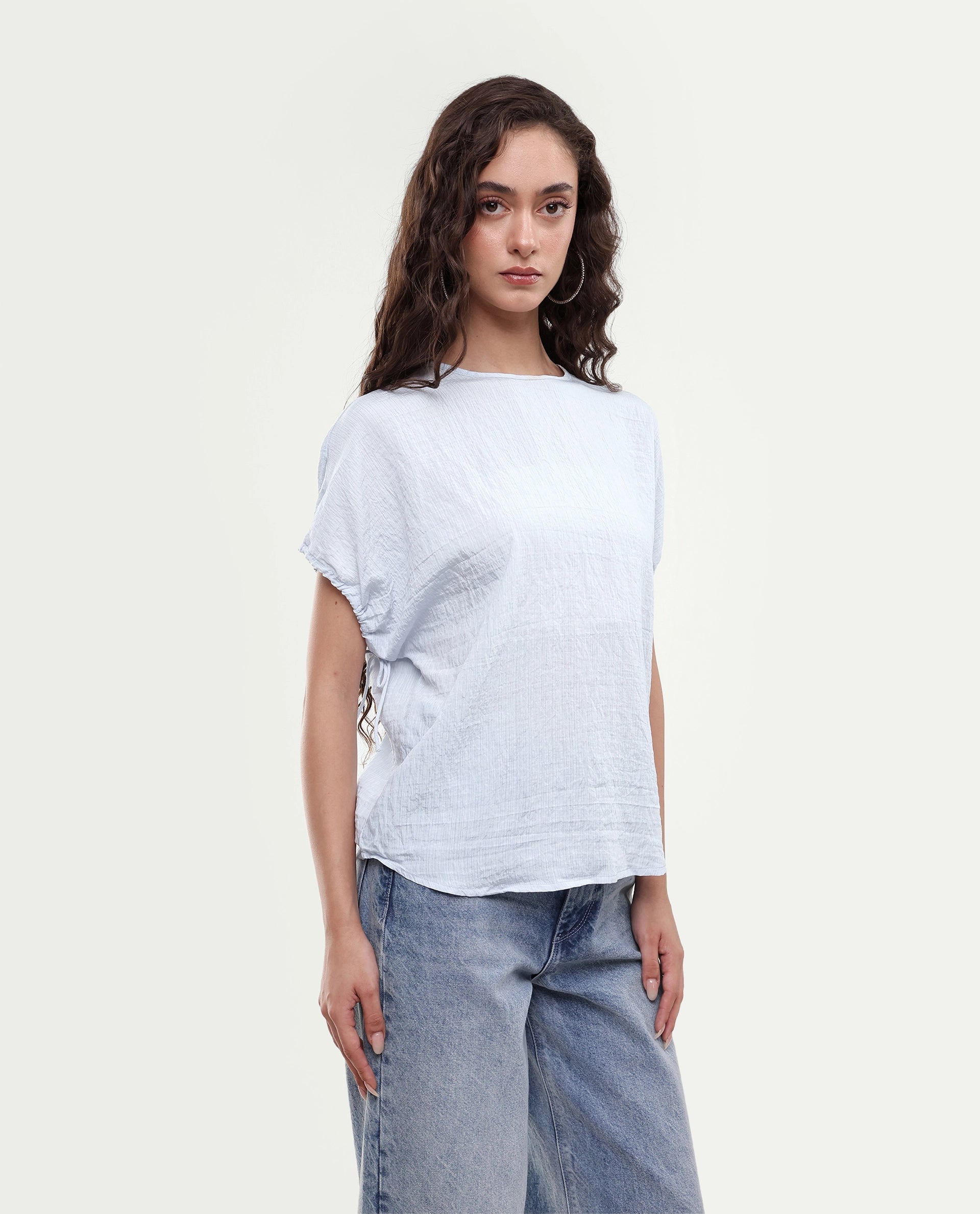 Rareism Women's Deno Light Blue Viscose Blend Crew Neck Button Regular Plain Top