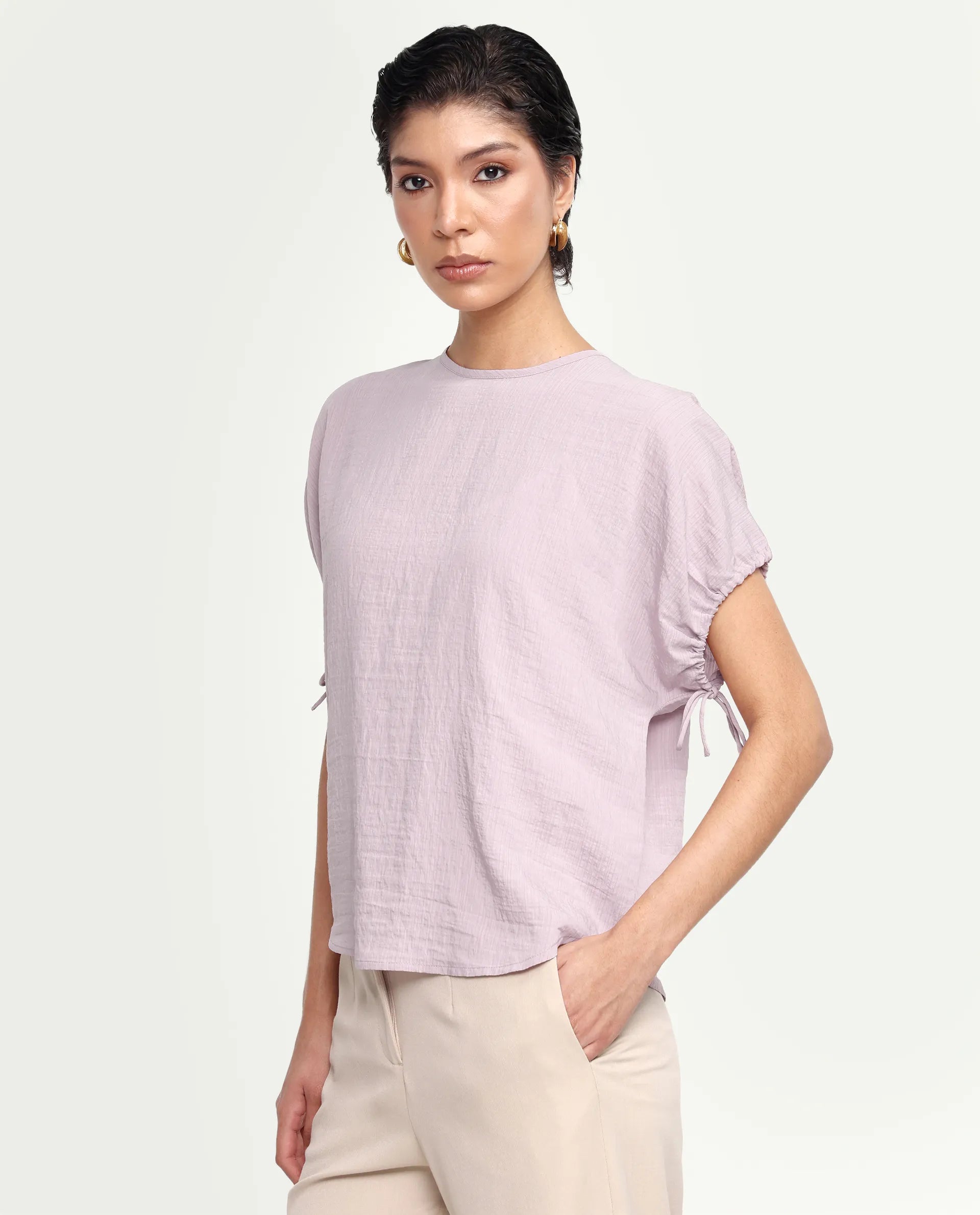 Rareism Women's Deno Dusky Pink Viscose Blend Crew Neck Button Regular Plain Top