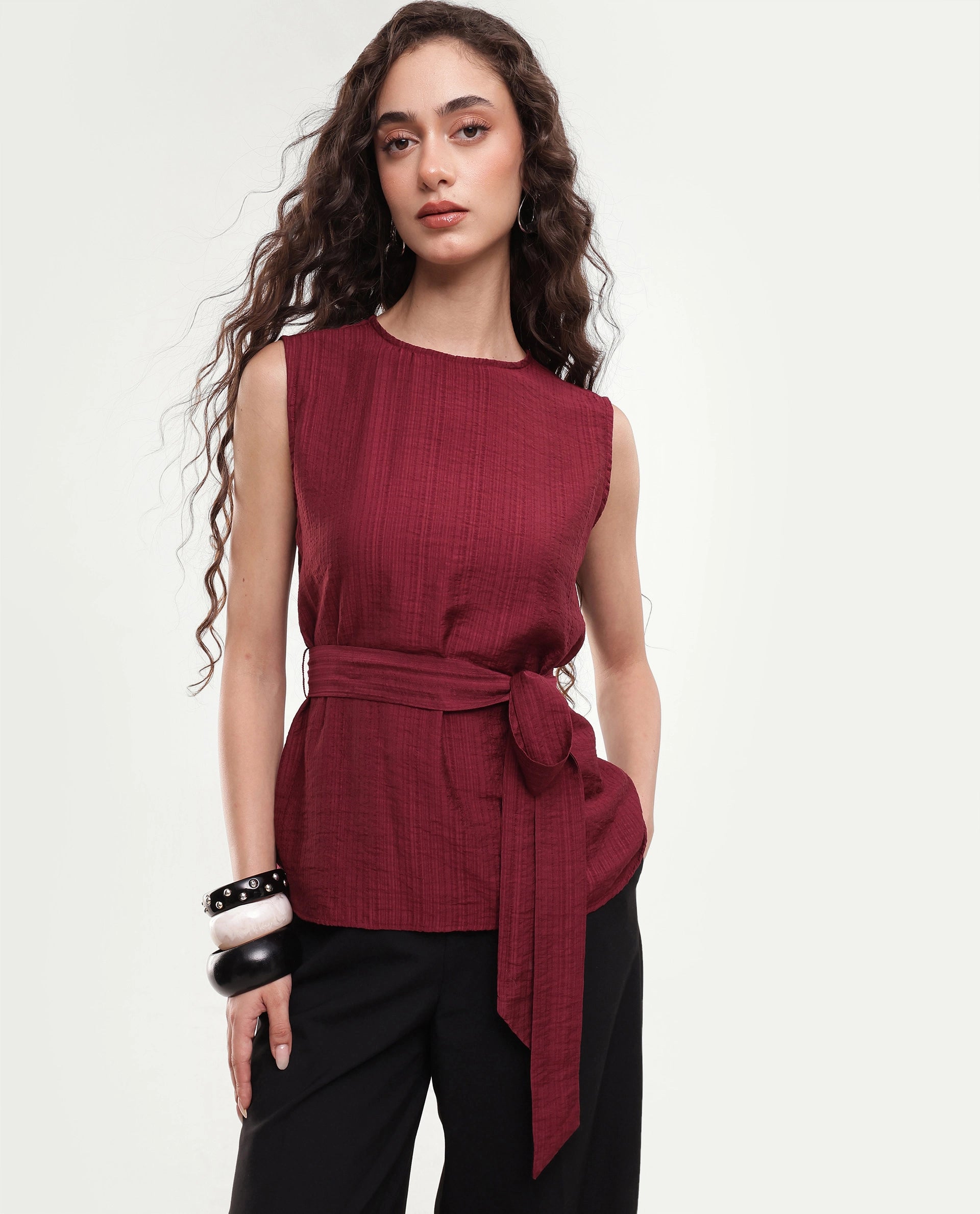 Rareism Women's Deya Maroon Viscose Blend Crew Neck Button And Zip Regular Plain Top