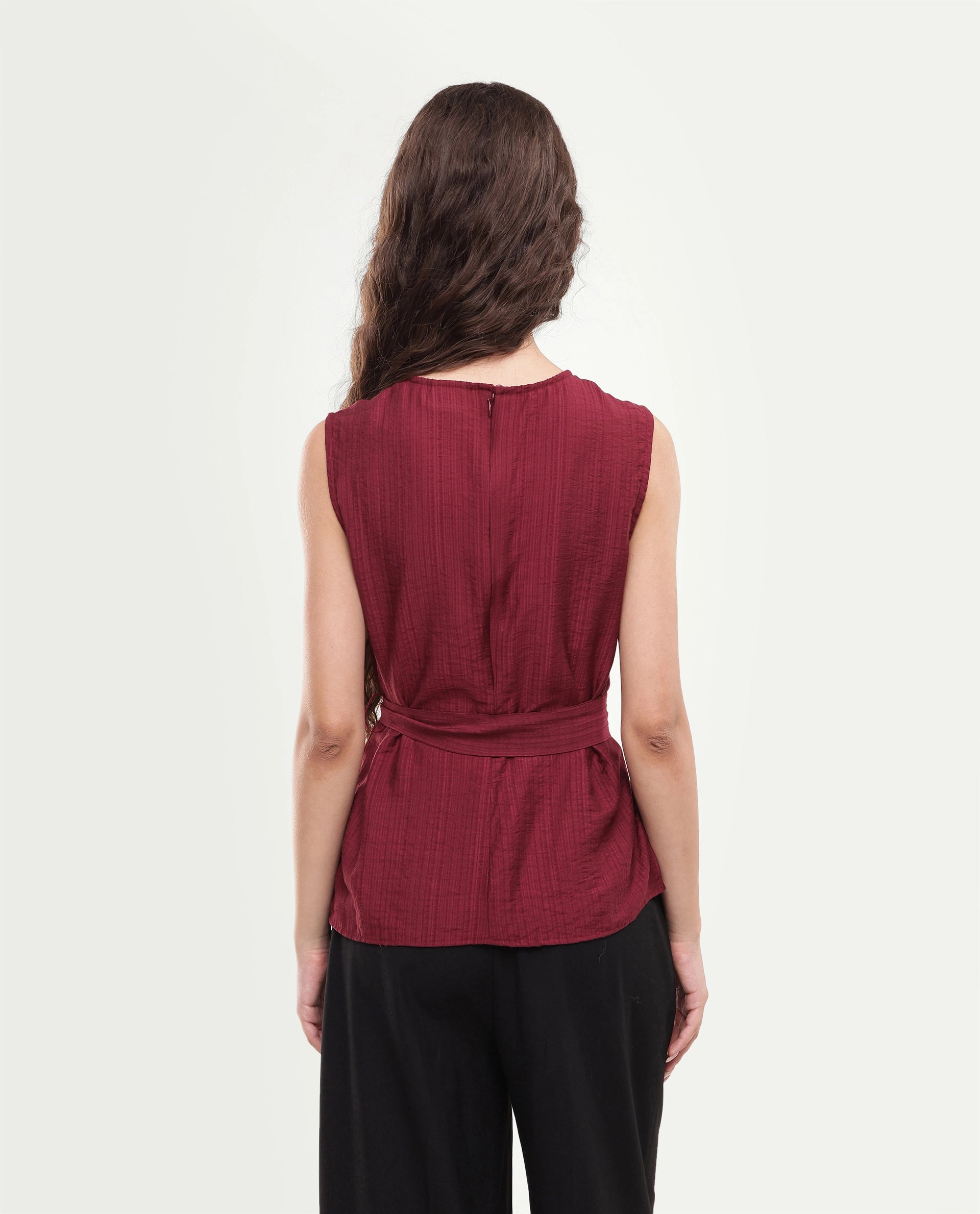 Rareism Women's Deya Maroon Viscose Blend Crew Neck Button And Zip Regular Plain Top