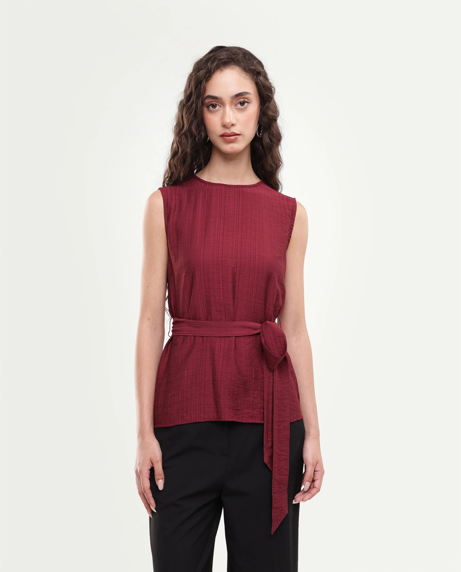 Rareism Women's Deya Maroon Viscose Blend Crew Neck Button And Zip Regular Plain Top