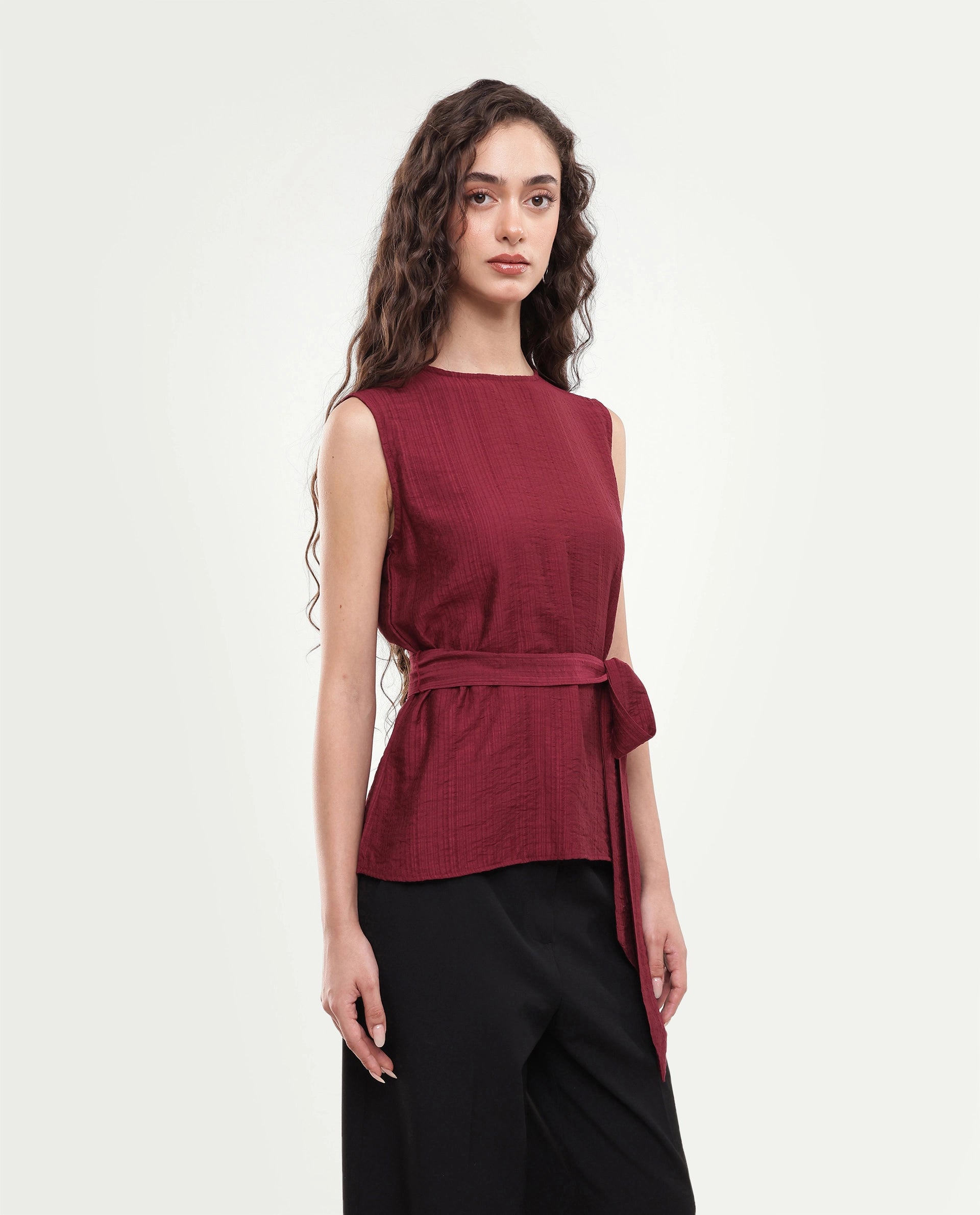 Rareism Women's Deya Maroon Viscose Blend Crew Neck Button And Zip Regular Plain Top