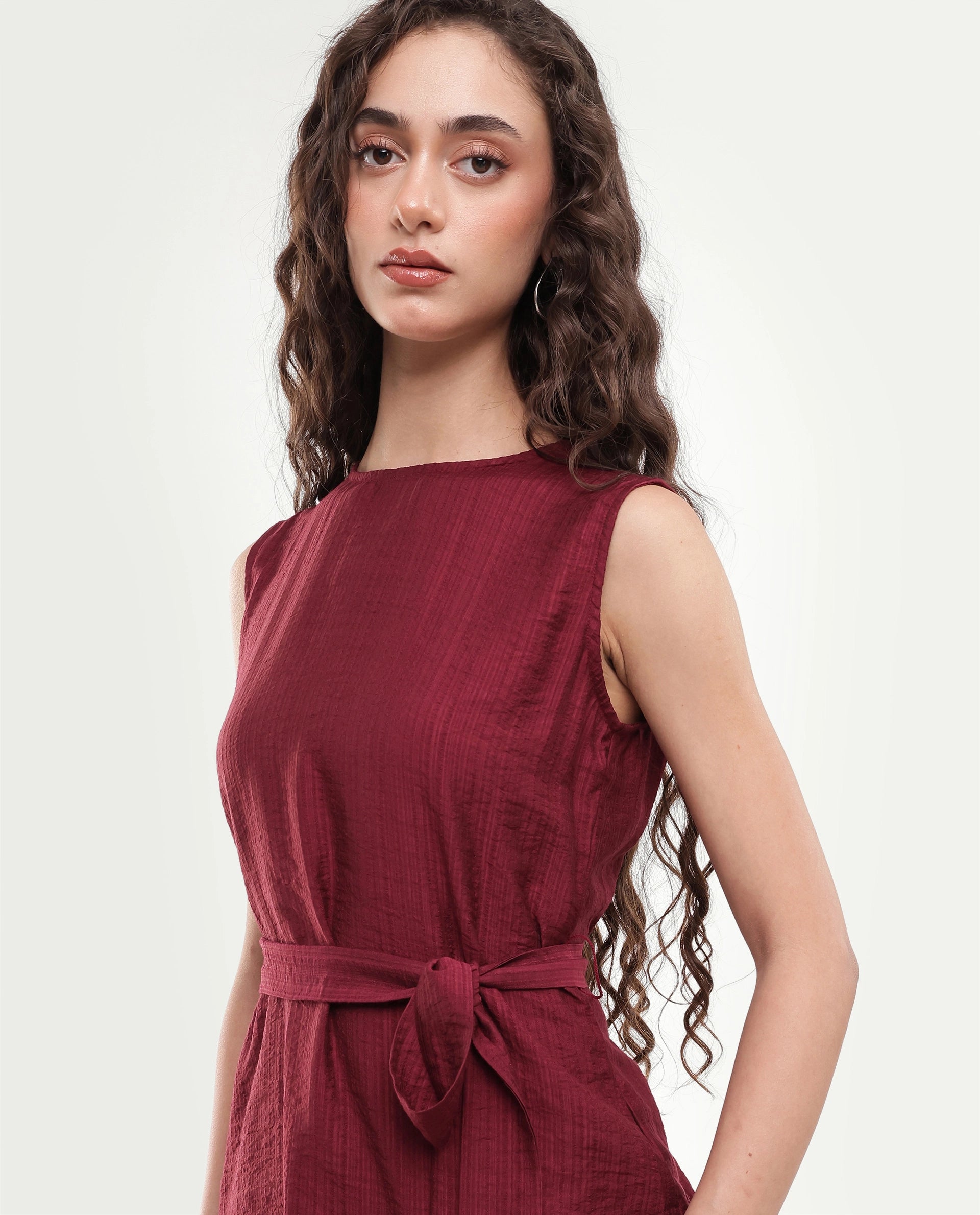 Rareism Women's Deya Maroon Viscose Blend Crew Neck Button And Zip Regular Plain Top