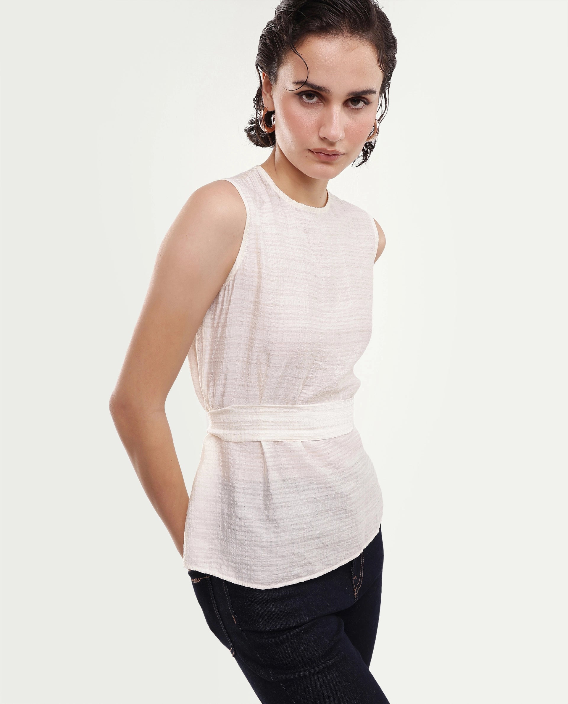 Rareism Women's Deya Off White Viscose Blend Crew Neck Button And Zip Regular Plain Top