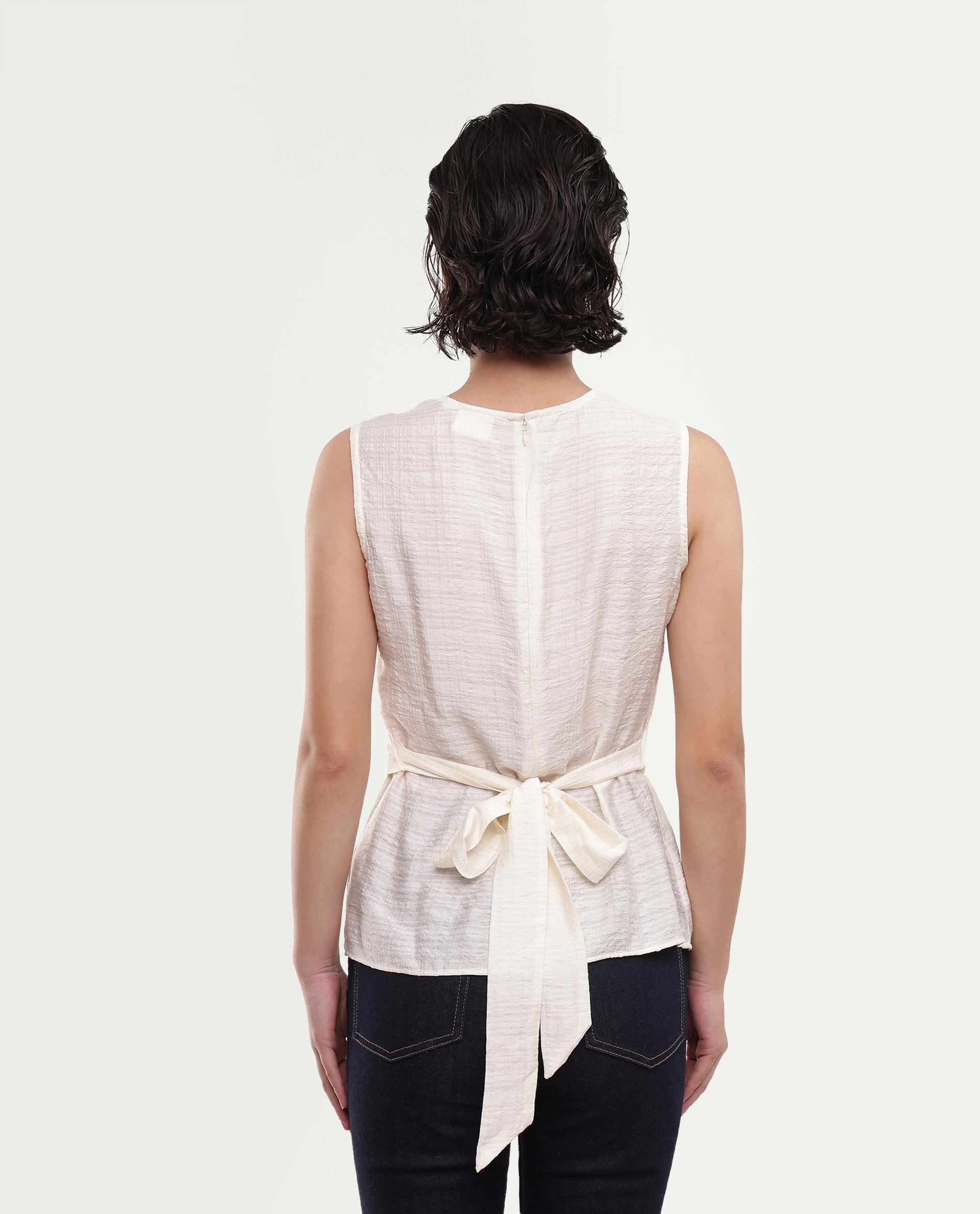 Rareism Women's Deya Off White Viscose Blend Crew Neck Button And Zip Regular Plain Top