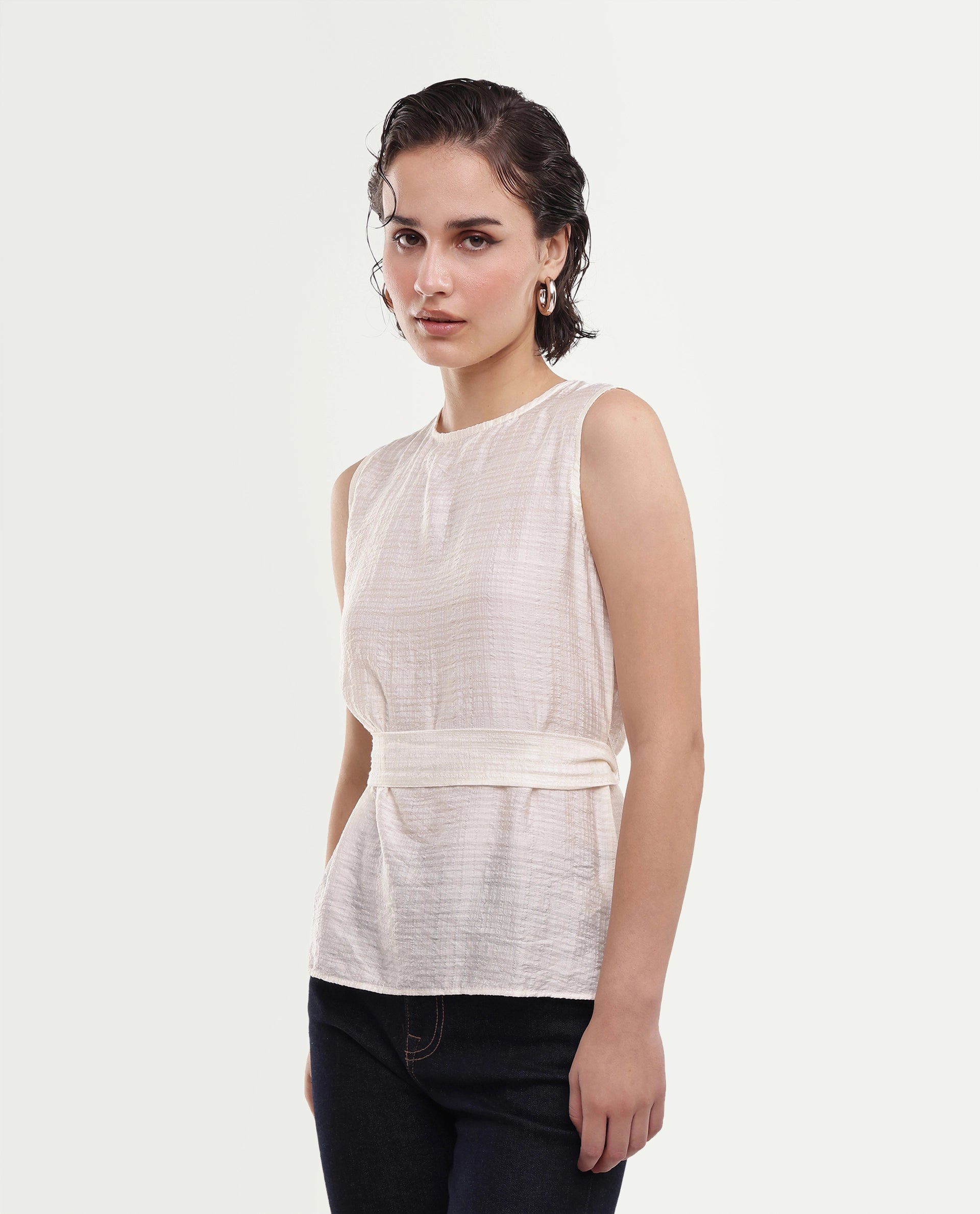 Rareism Women's Deya Off White Viscose Blend Crew Neck Button And Zip Regular Plain Top