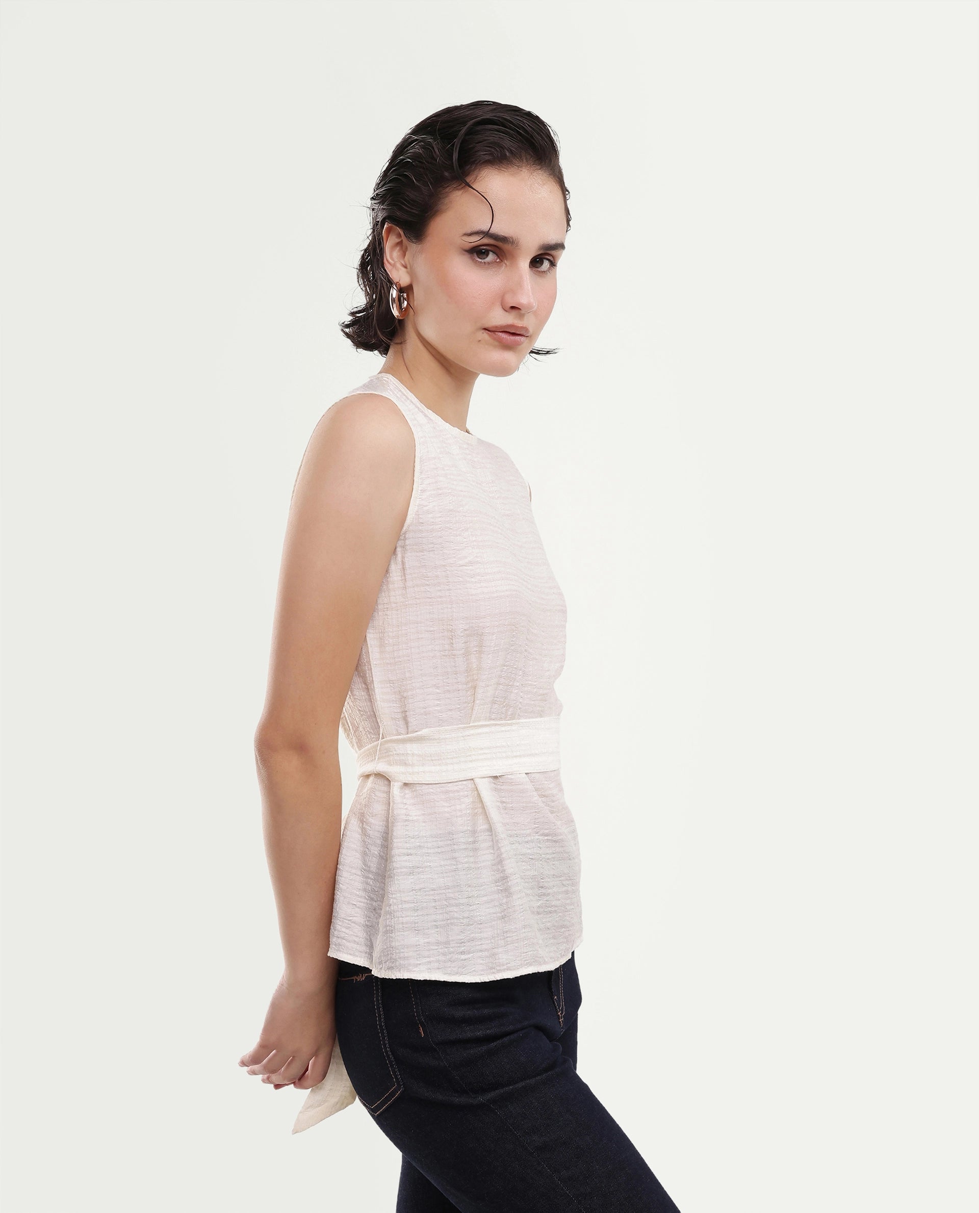 Rareism Women's Deya Off White Viscose Blend Crew Neck Button And Zip Regular Plain Top