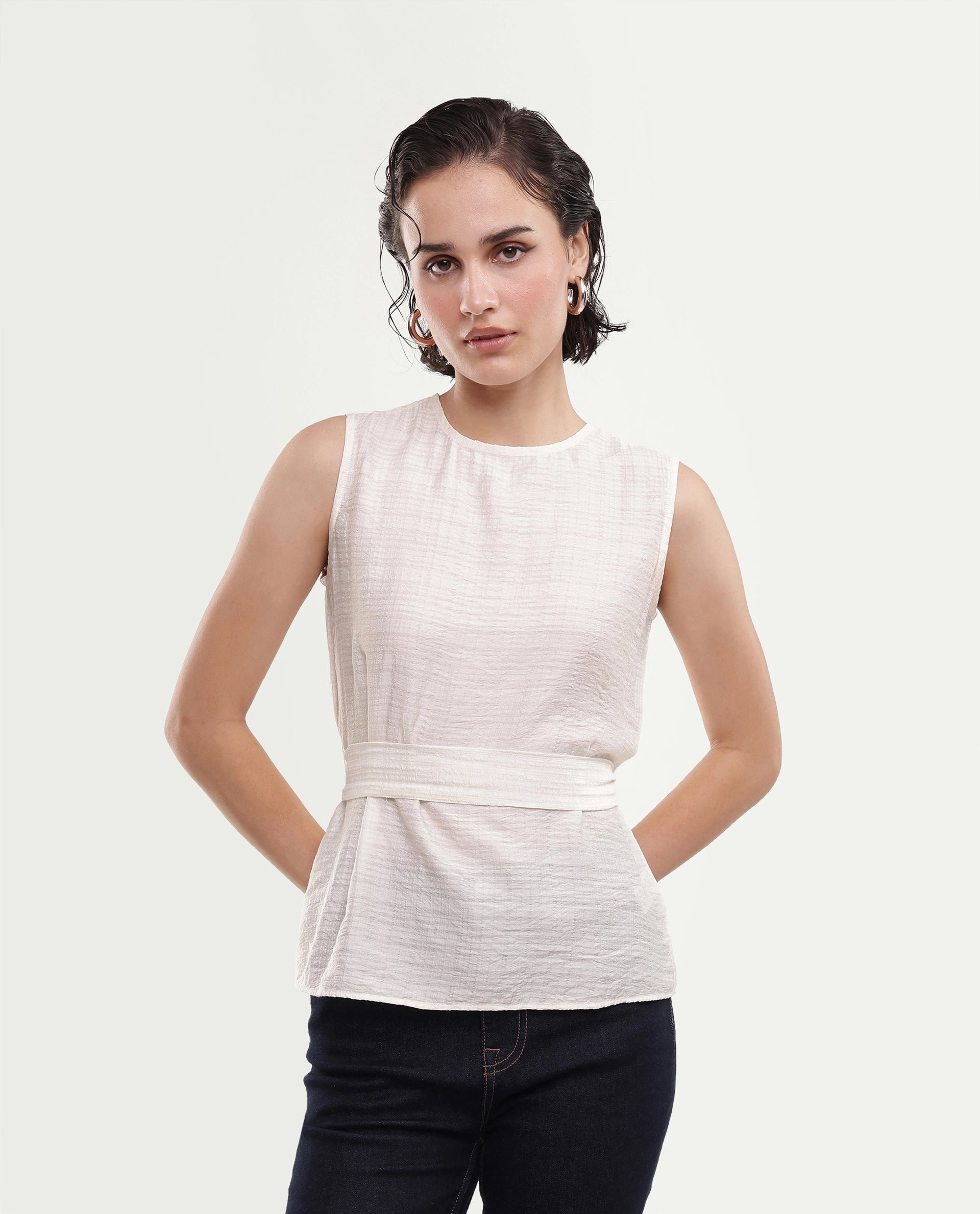 Rareism Women's Deya Off White Viscose Blend Crew Neck Button And Zip Regular Plain Top