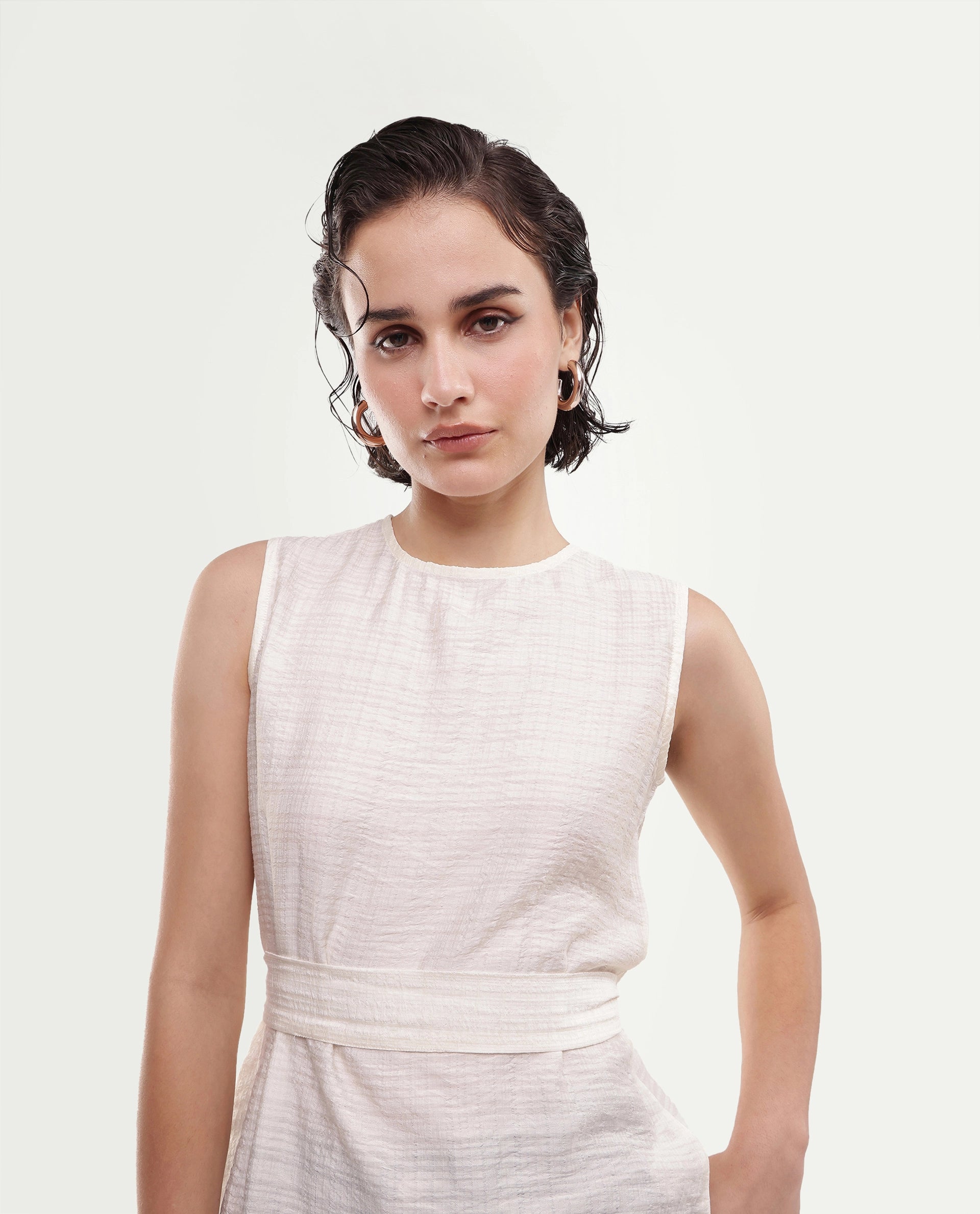 Rareism Women's Deya Off White Viscose Blend Crew Neck Button And Zip Regular Plain Top