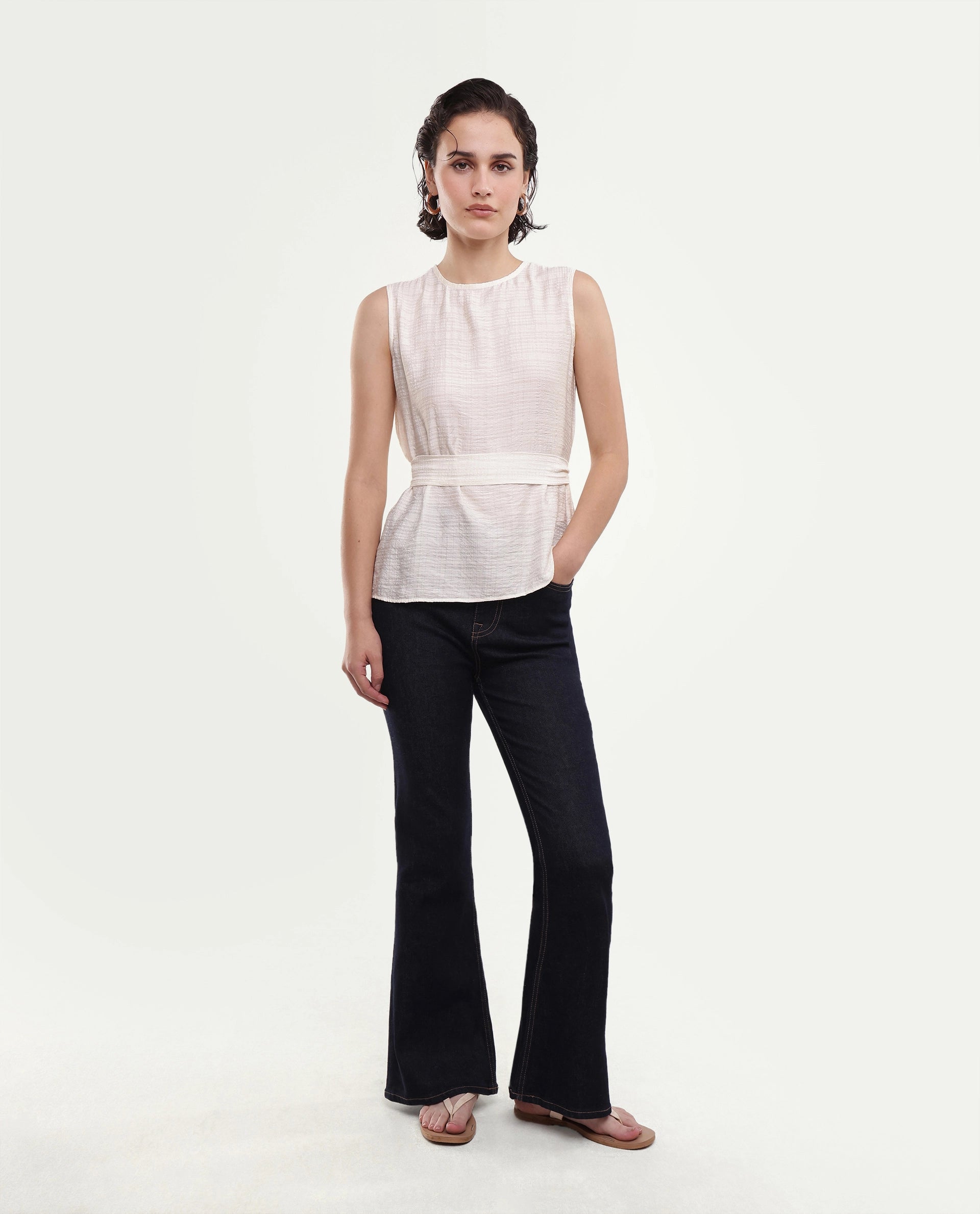 Rareism Women's Deya Off White Viscose Blend Crew Neck Button And Zip Regular Plain Top