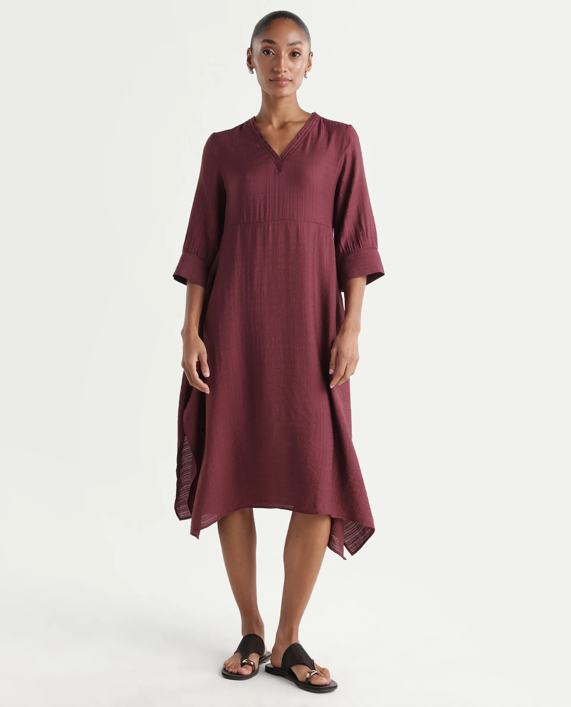 Rareism Women's Dhery Maroon Viscose Blend V-Neck A-Line Plain Dress