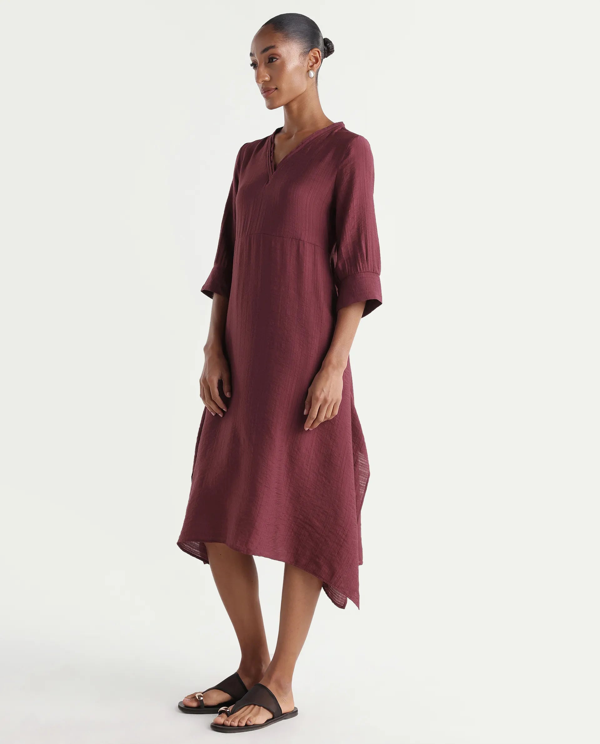 Rareism Women's Dhery Maroon Viscose Blend V-Neck A-Line Plain Dress