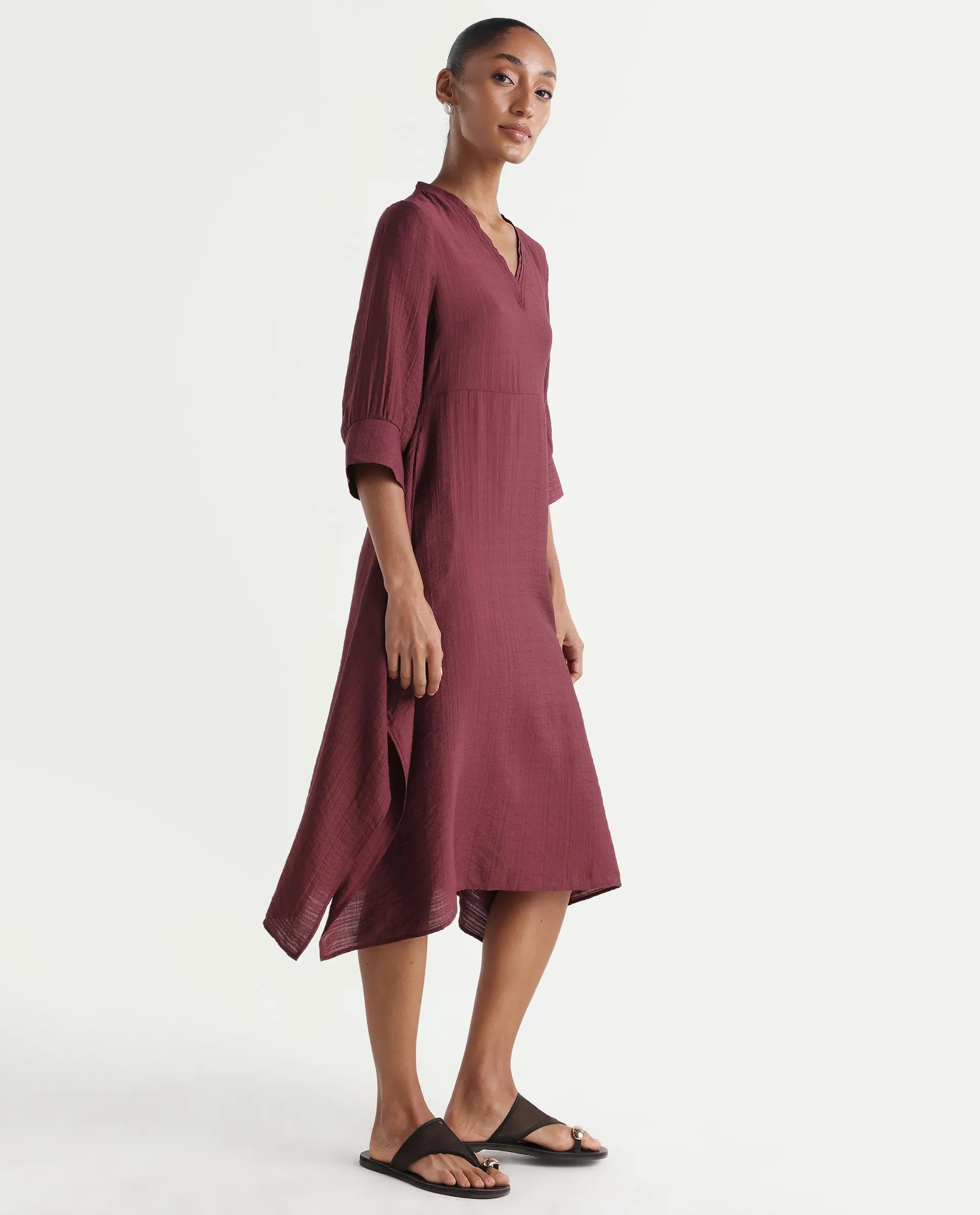 Rareism Women's Dhery Maroon Viscose Blend V-Neck A-Line Plain Dress