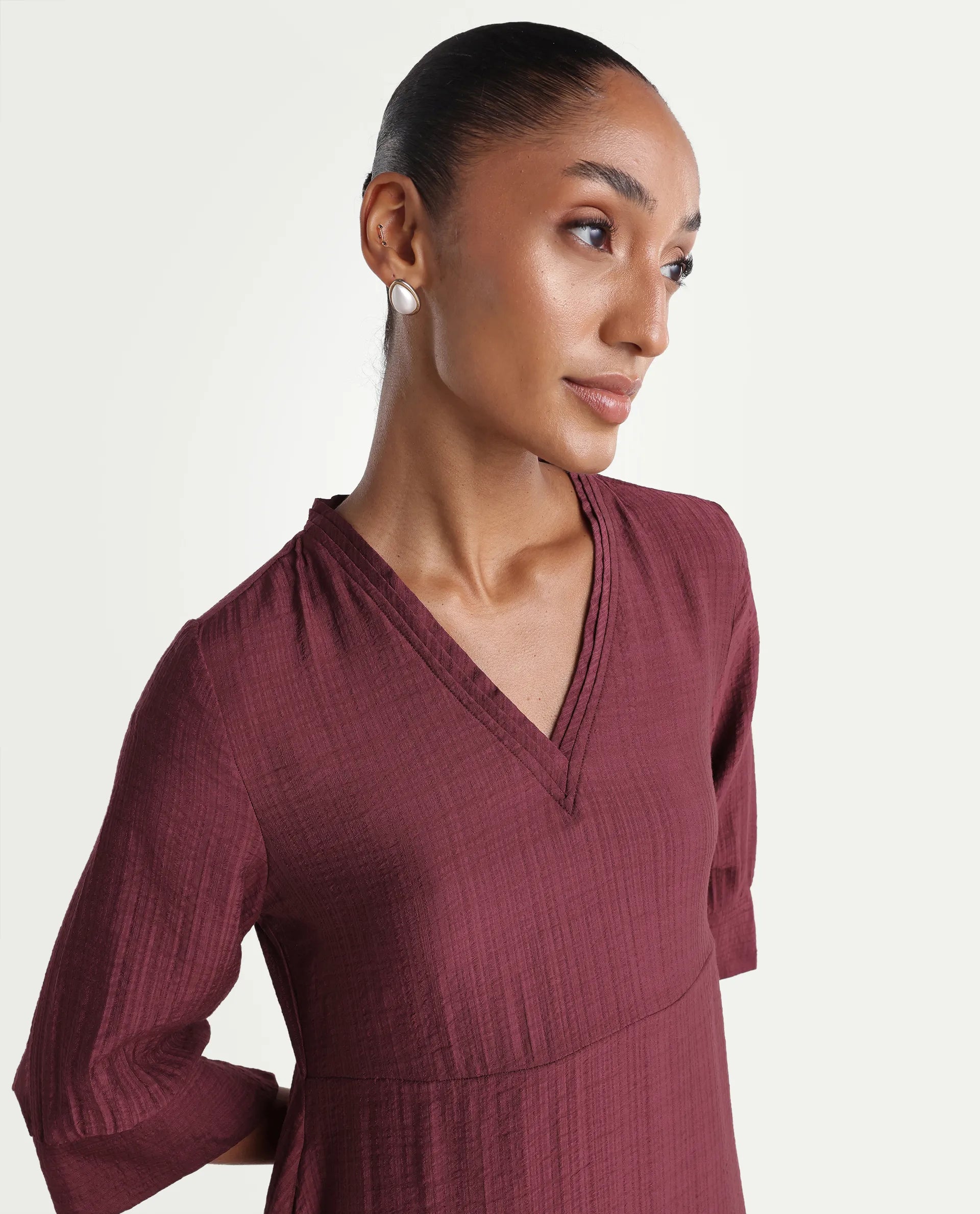 Rareism Women's Dhery Maroon Viscose Blend V-Neck A-Line Plain Dress
