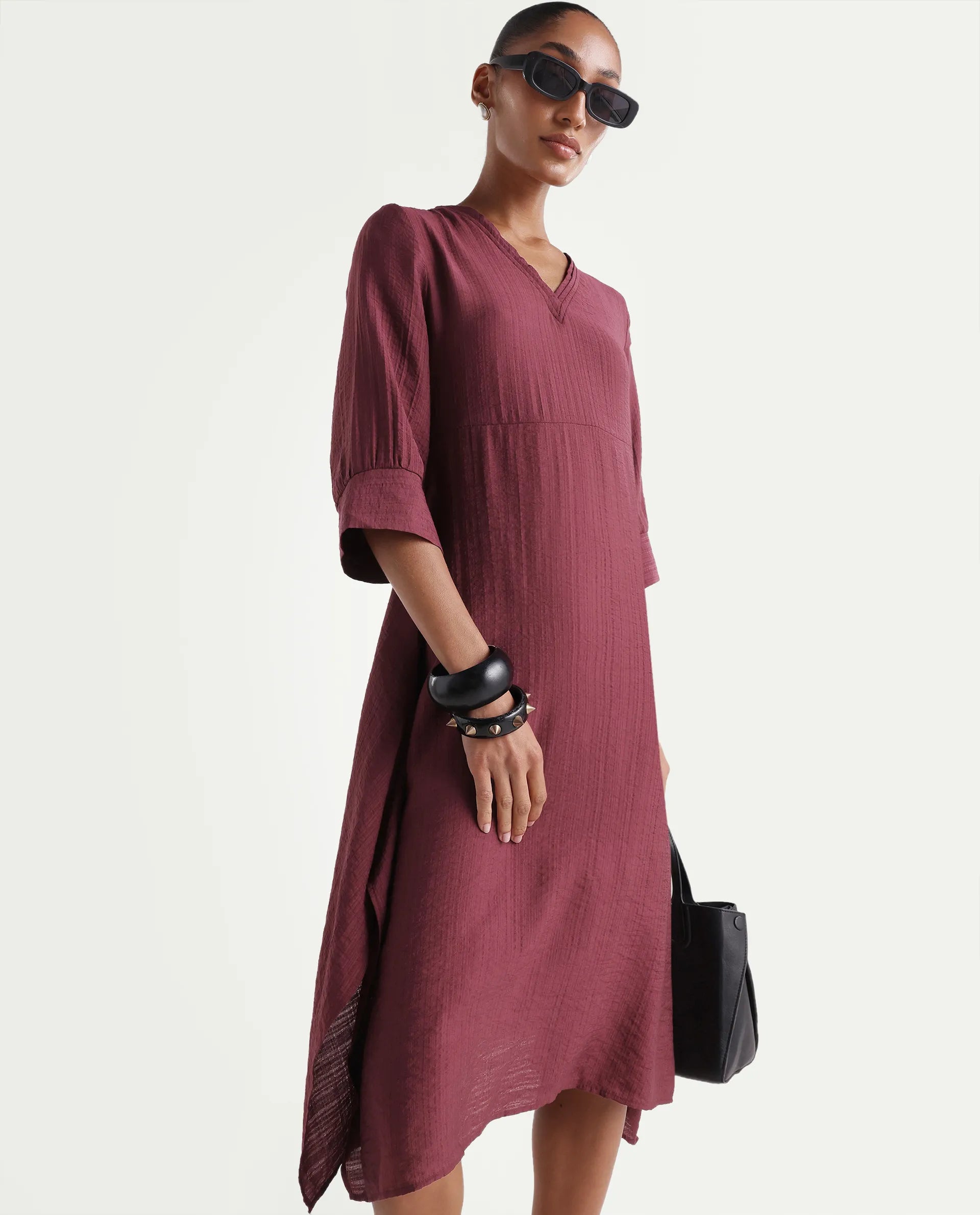 Rareism Women's Dhery Maroon Viscose Blend V-Neck A-Line Plain Dress