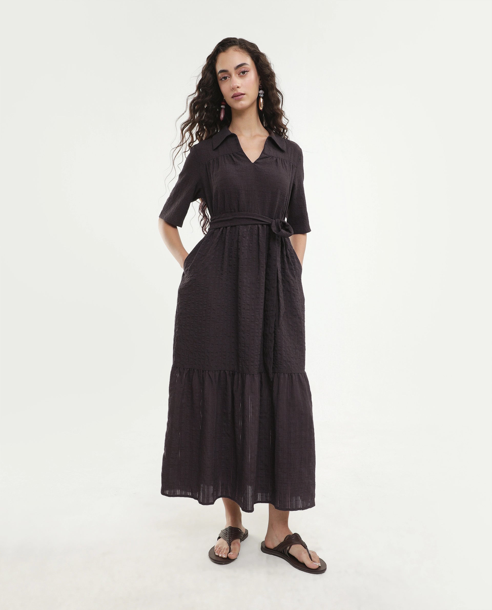 Rareism Women's Dilan Brown Viscose Blend Jonny Collar Pull-On Fit And Flare Plain Dress