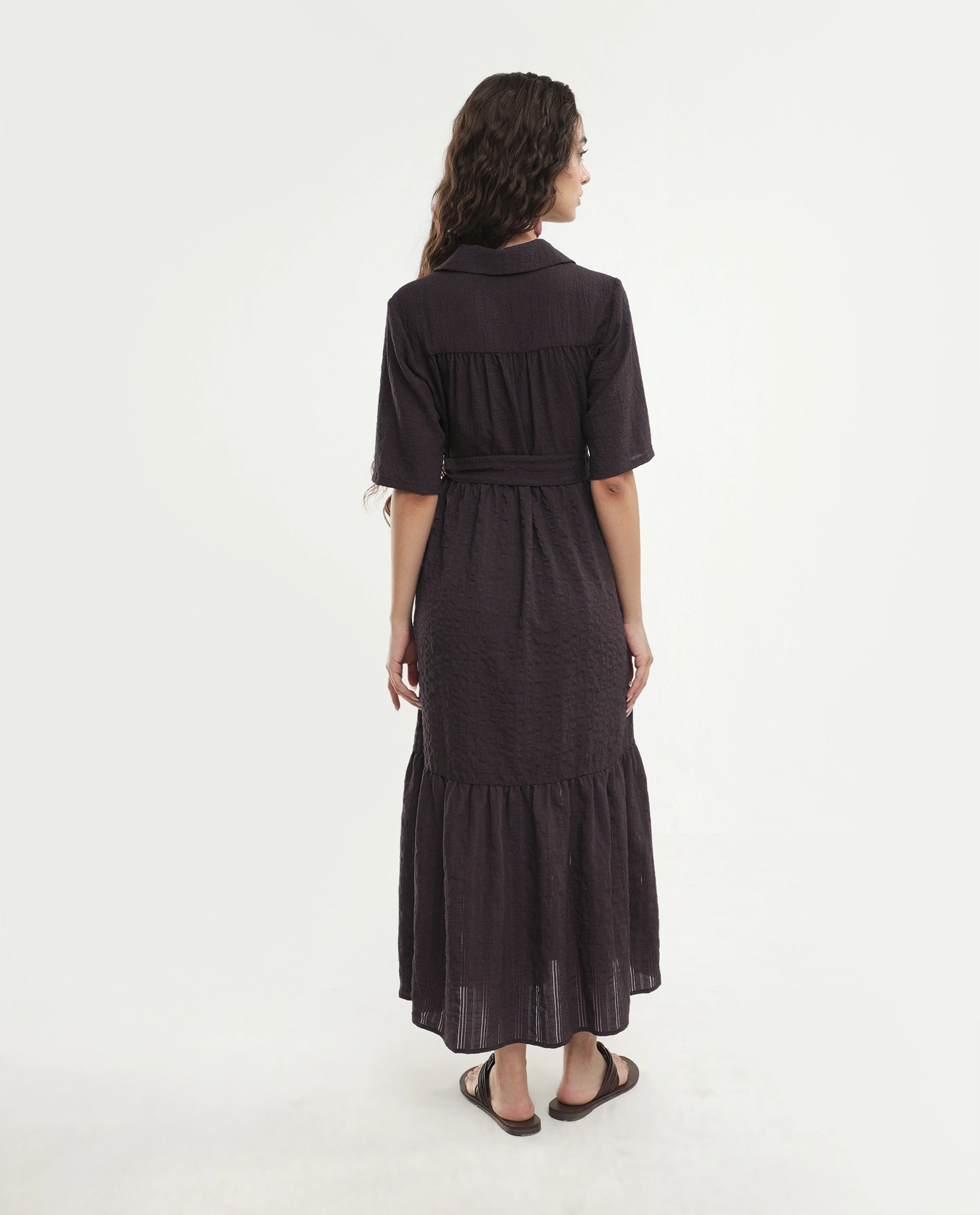 Rareism Women's Dilan Brown Viscose Blend Jonny Collar Pull-On Fit And Flare Plain Dress