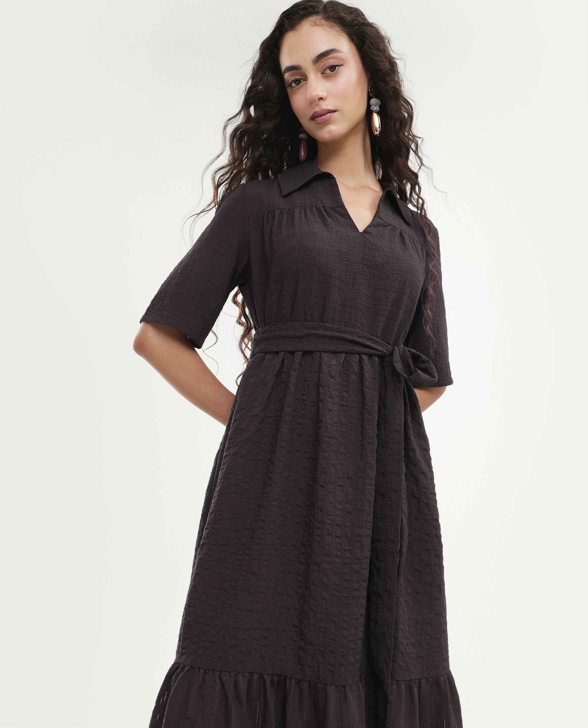 Rareism Women's Dilan Brown Viscose Blend Jonny Collar Pull-On Fit And Flare Plain Dress